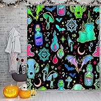 Vista 4 de GCTNBJL Cortina de ducha de Halloween, espeluznante alquimia bruja, tablero de ouija, murciélago, cráneo, hongo gótico, luna, estrella, bohemio