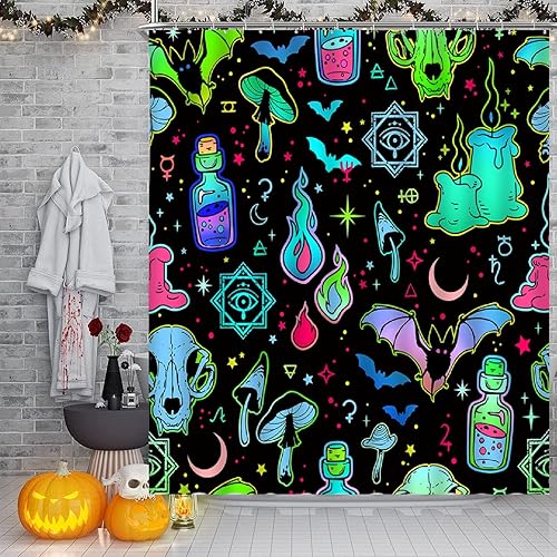 Miniatura 4 de GCTNBJL Cortina de ducha de Halloween, espeluznante alquimia bruja, tablero de ouija, murciélago, cráneo, hongo gótico, luna, estrella, bohemio,
