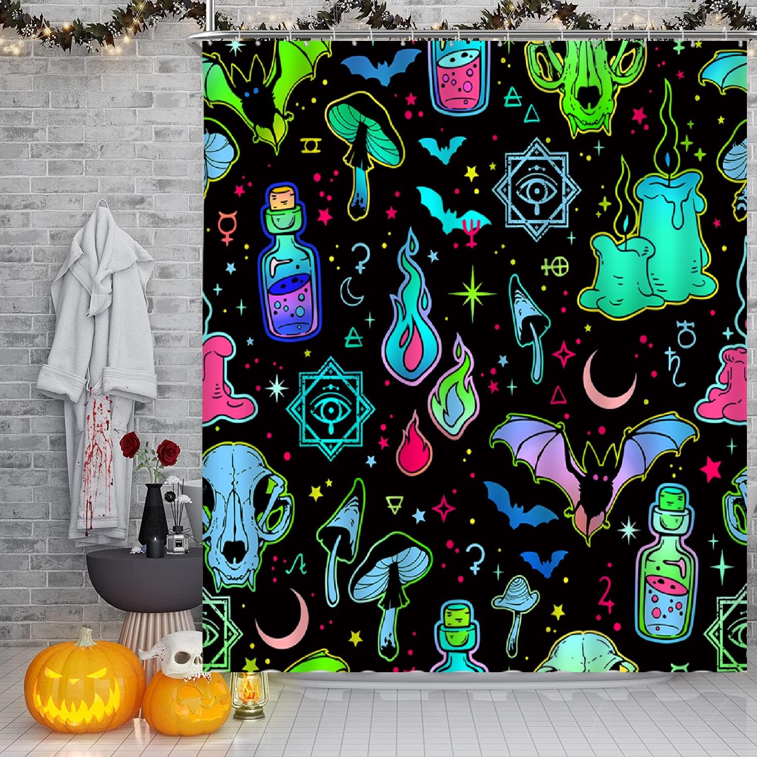 Halloween-Duschvorhang – Gruselige Hexe, Kürbis, Katze & Co. – 178 X 178 Cm – Rosa-schwarzes Design Für Badezimmer & Party