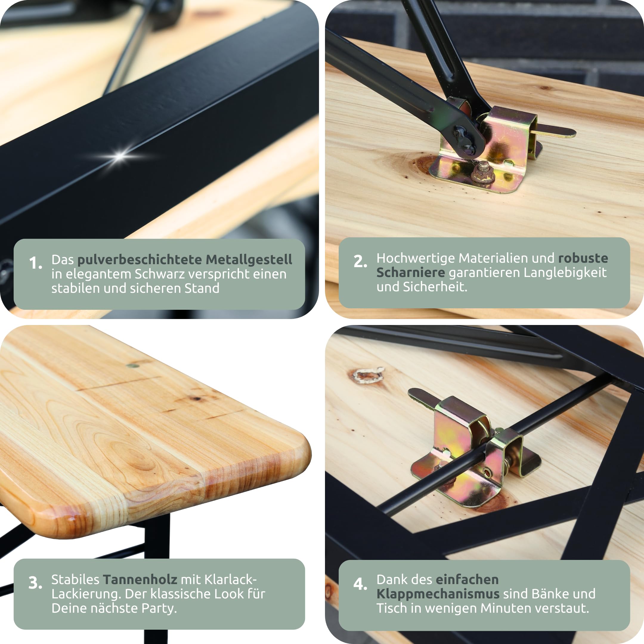 holz4home® Bierzeltgarnitur 3-teilig aus Holz mit Lehne I Bierbankgarnitur mit Tisch und 2 Bänken I Festzeltgarnitur mit Wandhalterung & Bodenheringe I Sitzgarnitur inkl. Flaschenöffner