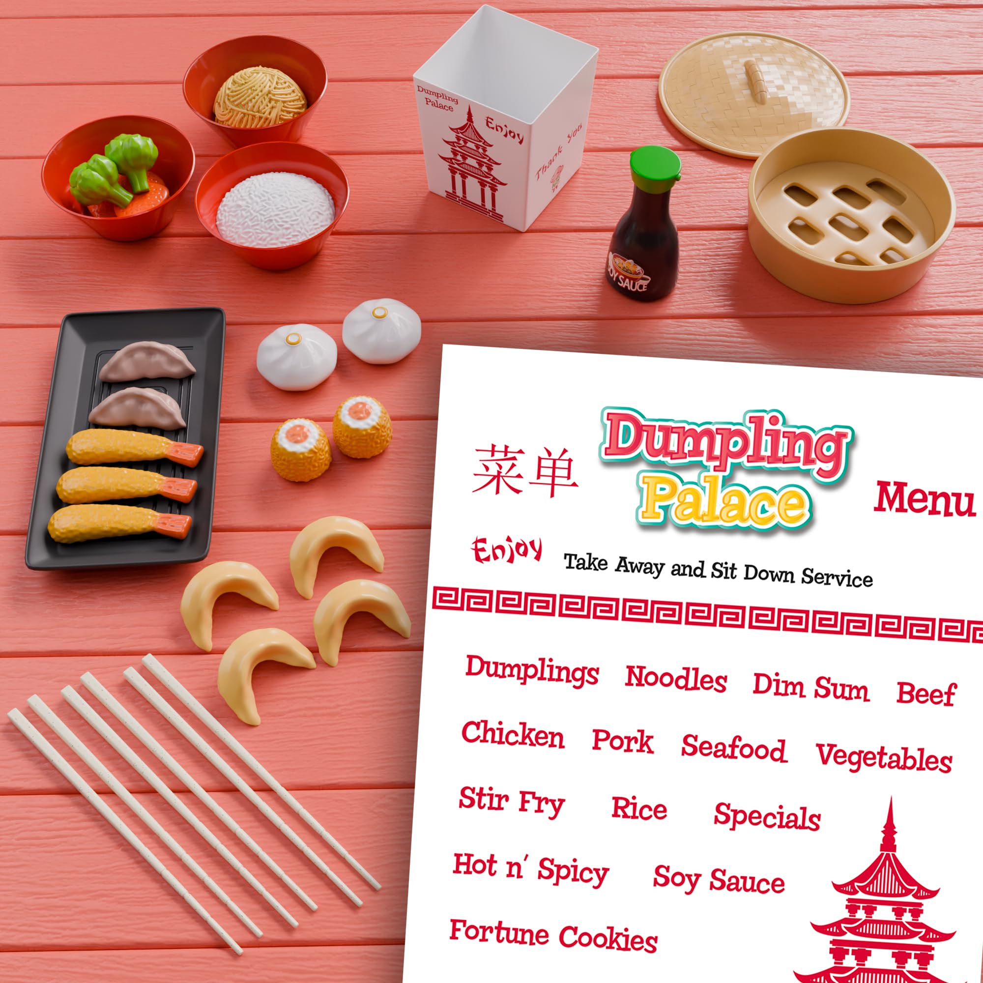 Dumpling Palace - Juego de comida china para niños, juego de 34 piezas para niños pequeños de 3 años en adelante, cocina gourmet con alimentos realistas para juego creativo y aprendizaje 5