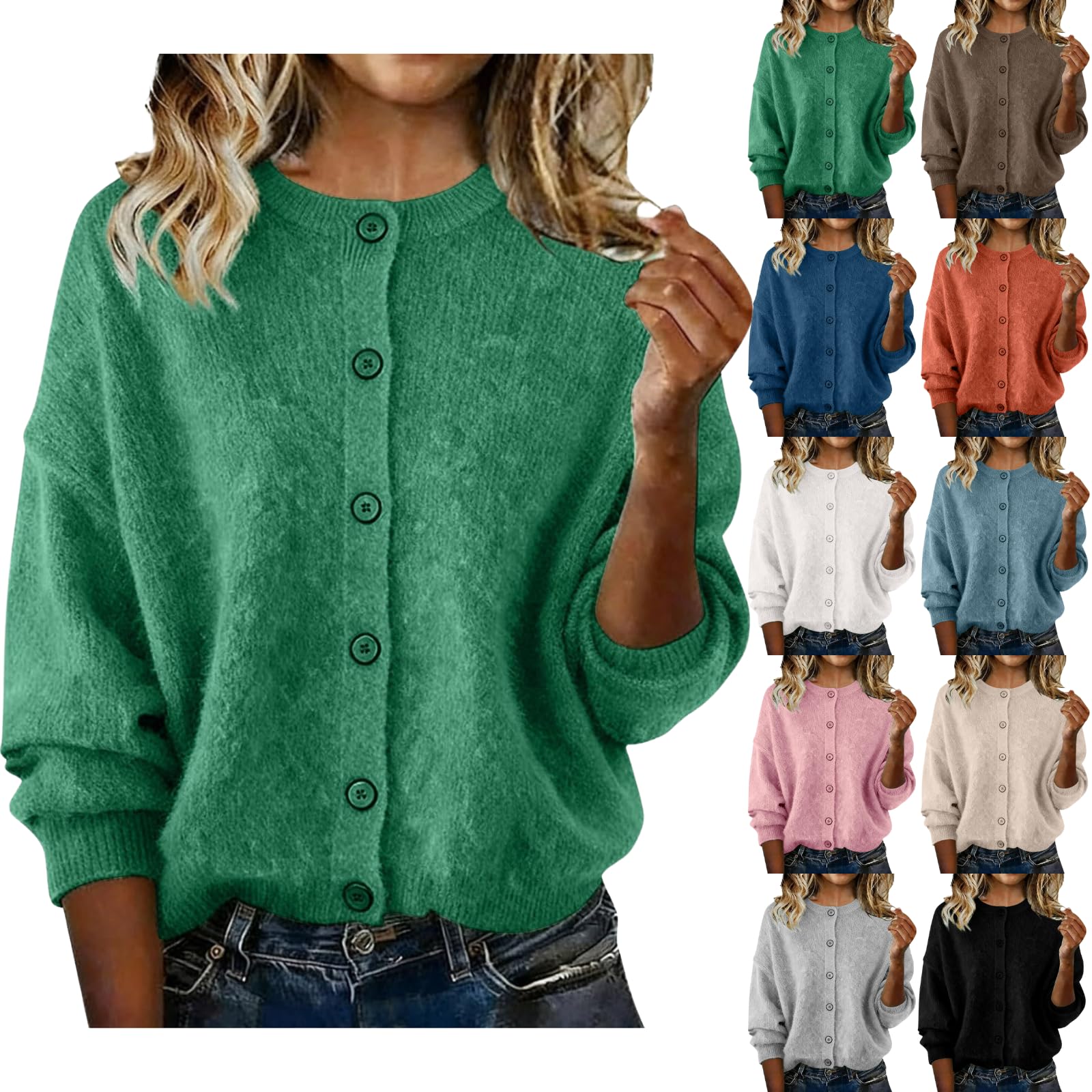 Womens Fuzzy Knit Cardigan Sweaters Oversized Round Neck Button Front Sweater Casual Loose Soft Sweater