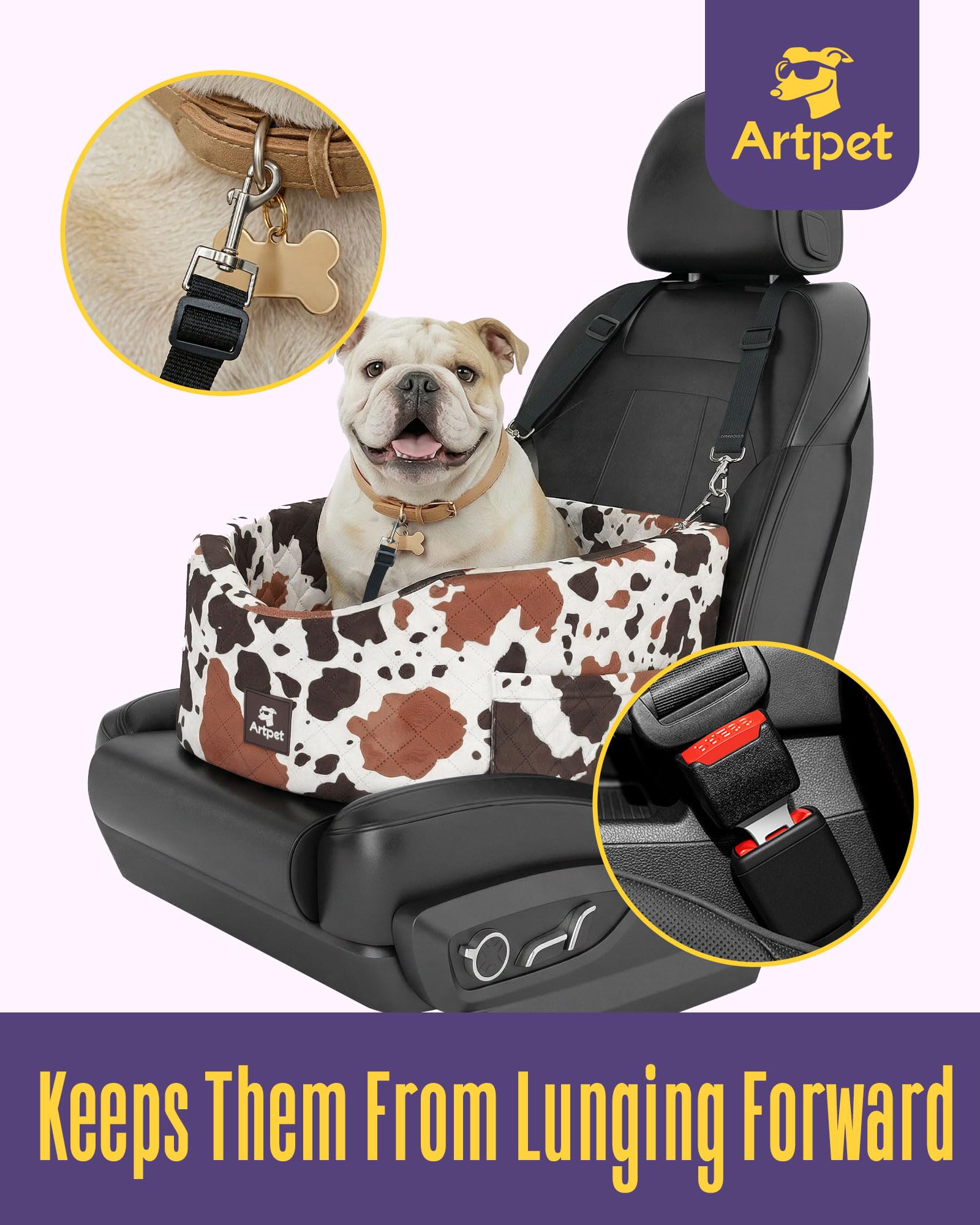 Asiento de Seguridad para Perros Pequeños y Medianos - Confortable, Antideslizante, con Fijación al Cinturón de Seguridad, Colores: Marrón con Patrón Lechoso