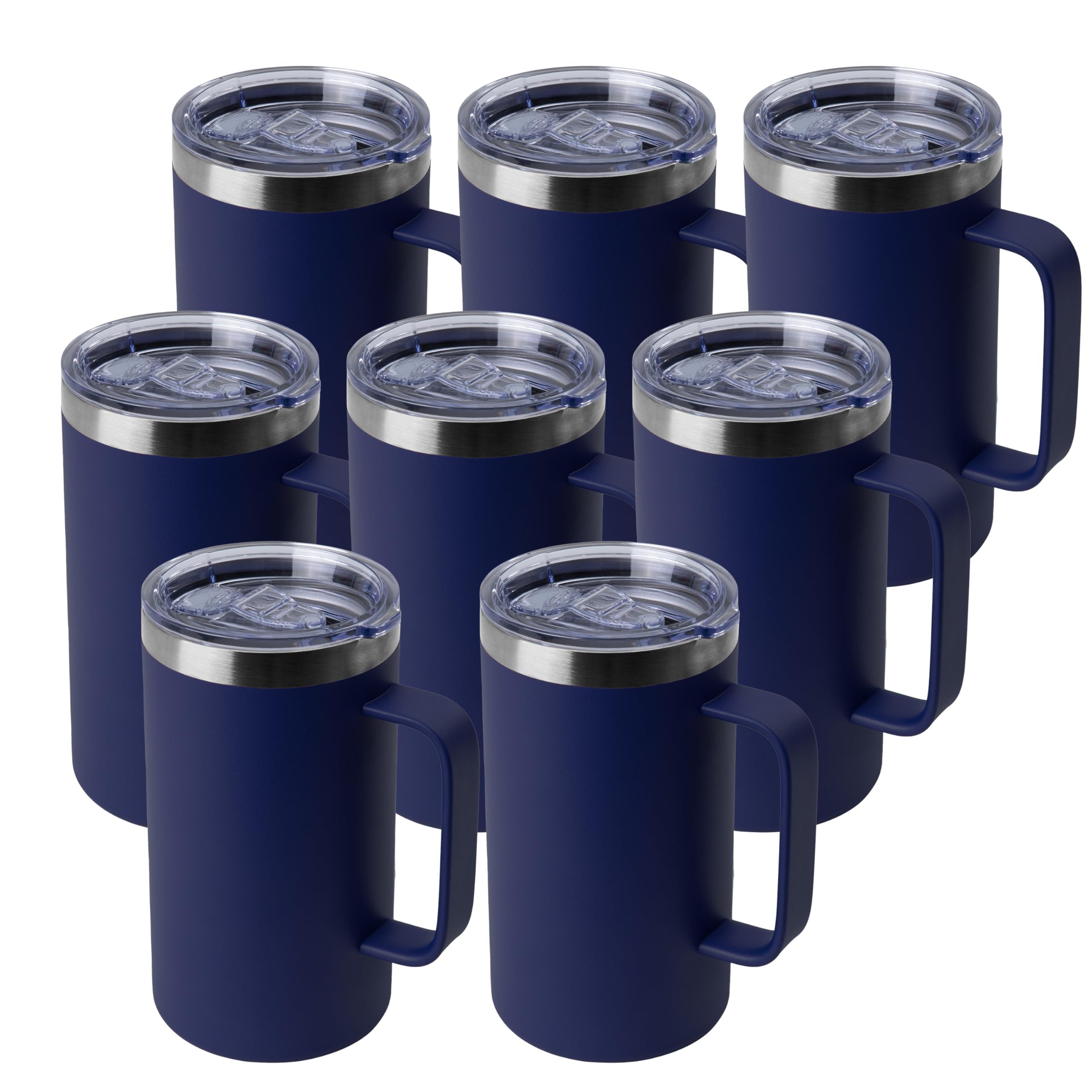 DOMICARE Taza de café de acero inoxidable de 24 onzas con asa y tapa, taza de viaje con asa, vaso de café al vacío de doble pared, taza aislada reutilizable, azul marino, paquete de 8