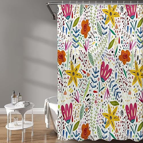 Cortina de ducha floral, cortina de ducha de tela de plantas de acuarela para baño, cortinas modernas de flores silvestres, cortinas minimalistas de
