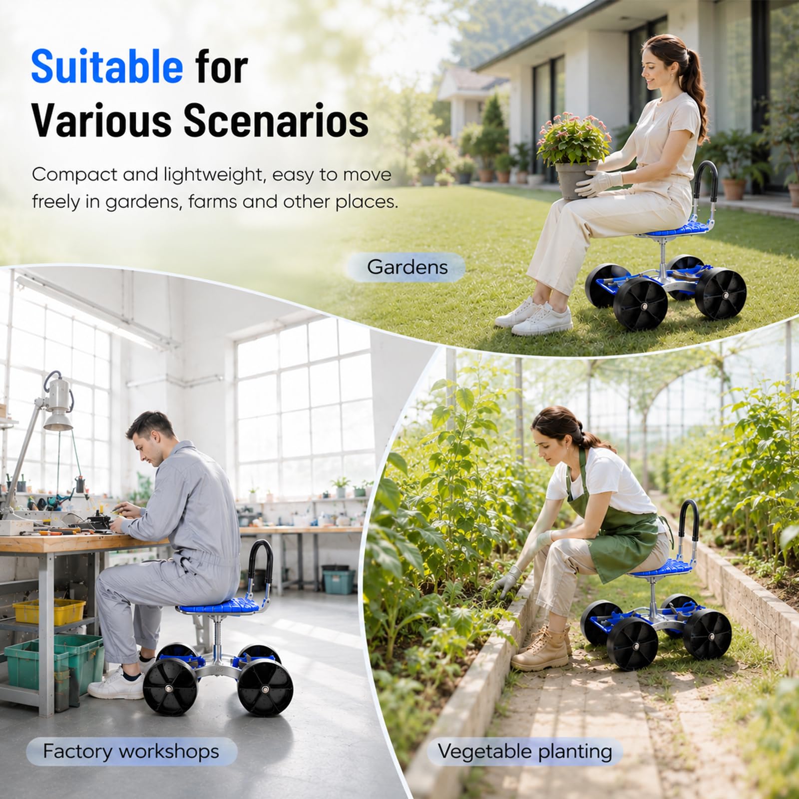 Sgabello Giardino, Carrello Giardino con Ruote Sedile Mobile Panca Lavori in Ginocchio Carrello Girevole a 360° Altezza Regolabile Sgabello Mobile con Maniglia e Vano Portaoggetti Portata fino a 150kg
