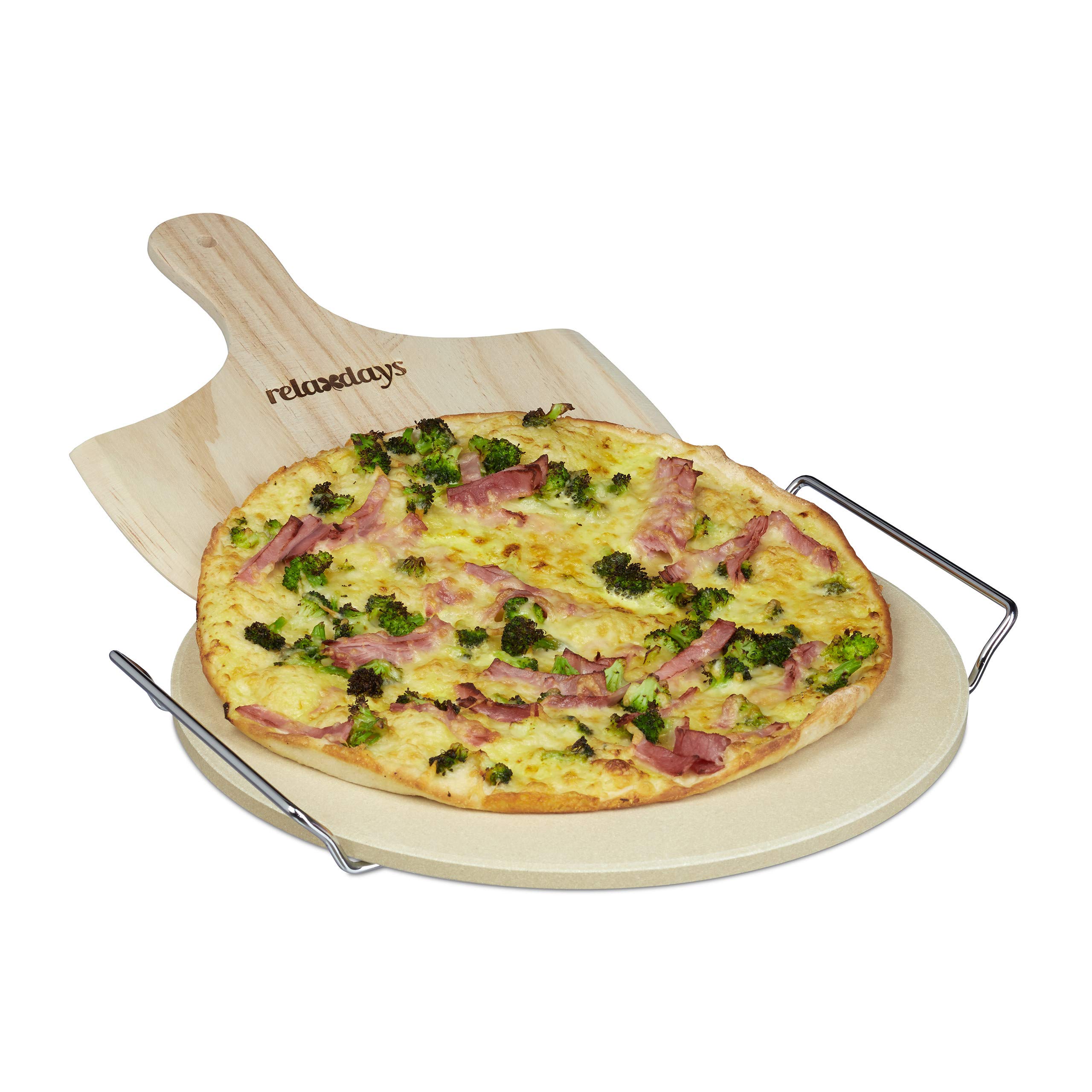 Relaxdays 10020491 Pierre à pizza ronde 1 cm avec support en métal pierre à pain cuisson four pelle à pizza bois spatule HxlxP: 4 x 32 x 32 cm, nature