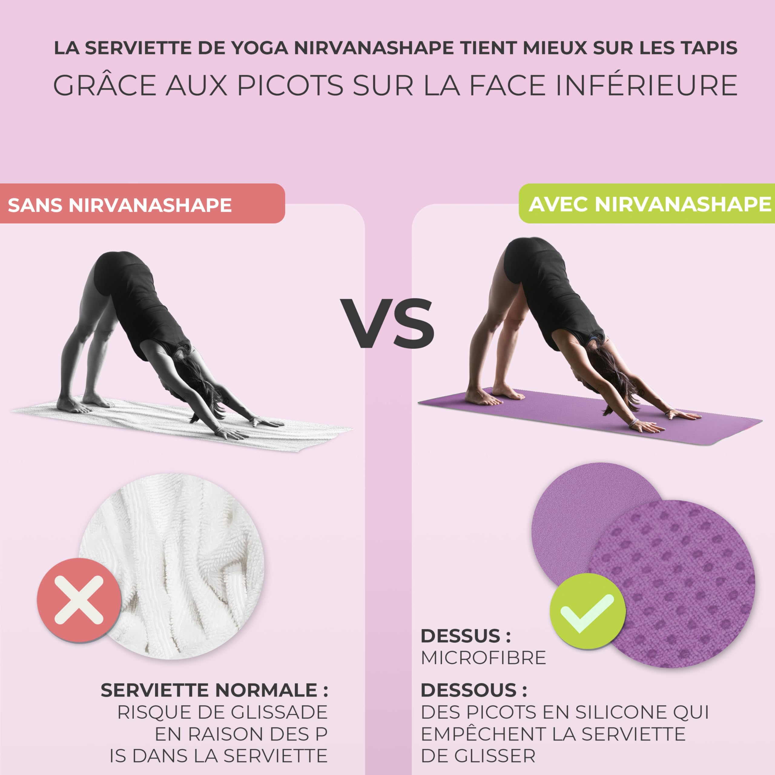 NirvanaShape Serviette de Yoga antidérapante | Serviette de Hot Yoga à Picots antidérapants | Serviette de Yoga hygiénique-À Poser sur Le Tapis de Yoga [ 185 x 63 cm ]