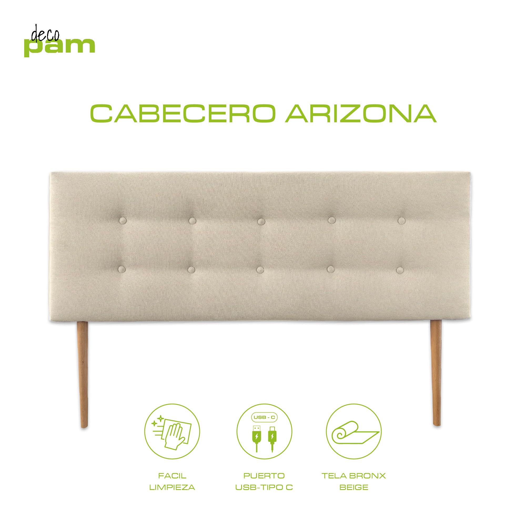 Cabecero Arizona – Tapizado en Tela Bronx Beige con Puerto USB, Cabezal Acolchado 8 cm, Fabricación Española (Beige, 140 cm – Camas 135/140)