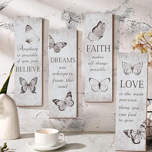 Miniatura 7 de Qunclay 4 piezas inspiradoras de mariposa para pared versículos bíblicos de madera decoración de pared amor fe cree sueño mariposa decoración de