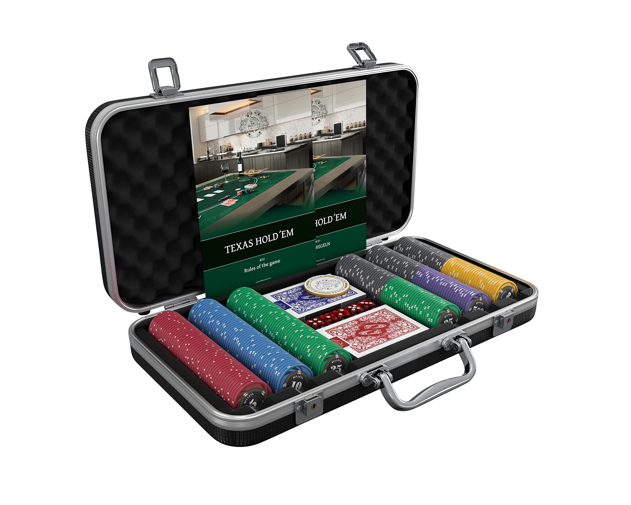 Bullets Playing Cards | Pokerkoffer „Silvio“ mit 300 Keramik Pokerchips 10g | Pokerset mit Karten, Würfeln, Dealer Button & Pokerregeln