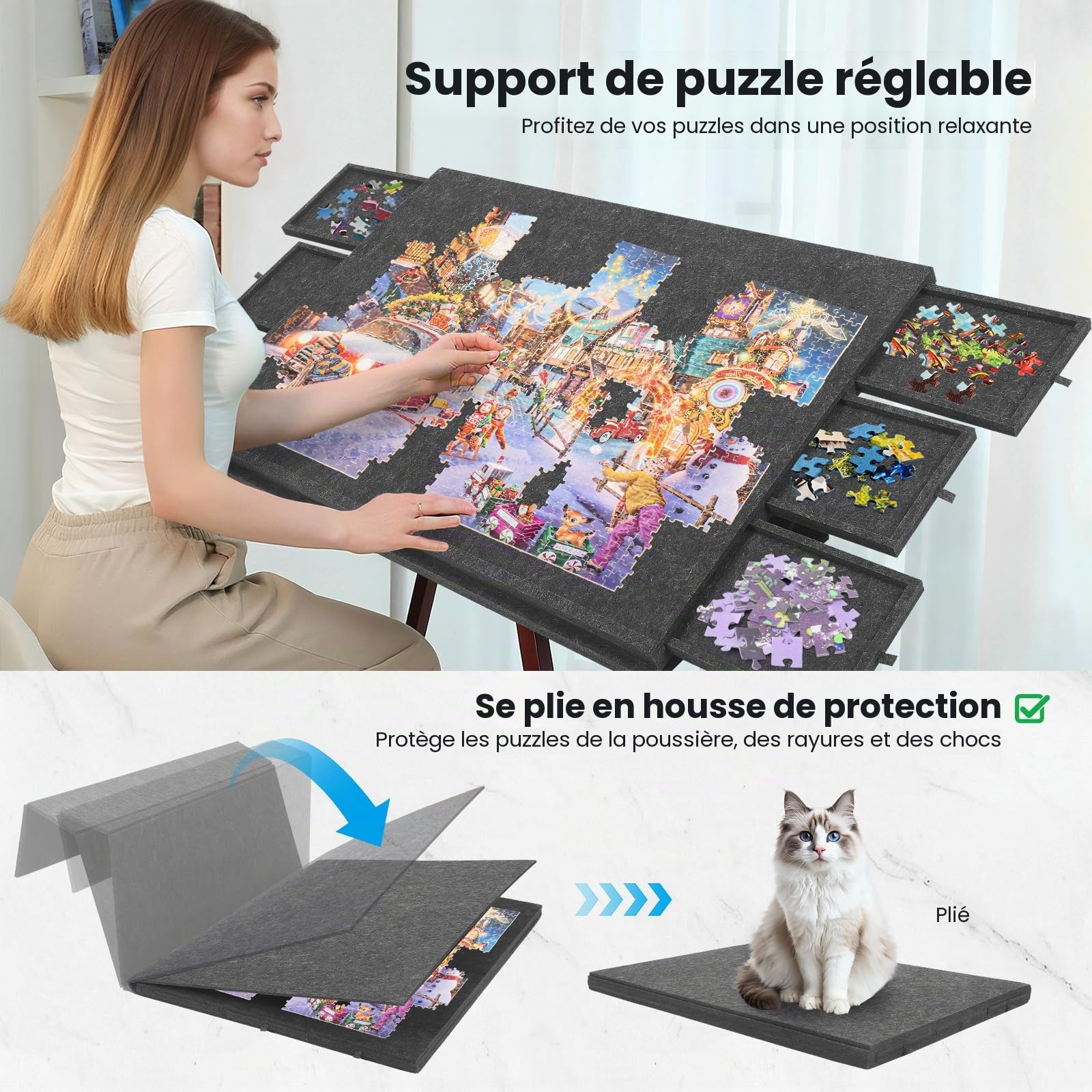 Planche à puzzle pliable en feutre antidérapant de 1500 pièces, 6 tiroirs de tri avec poignées, angle réglable, légère et portable, table de puzzle pliable en feutre