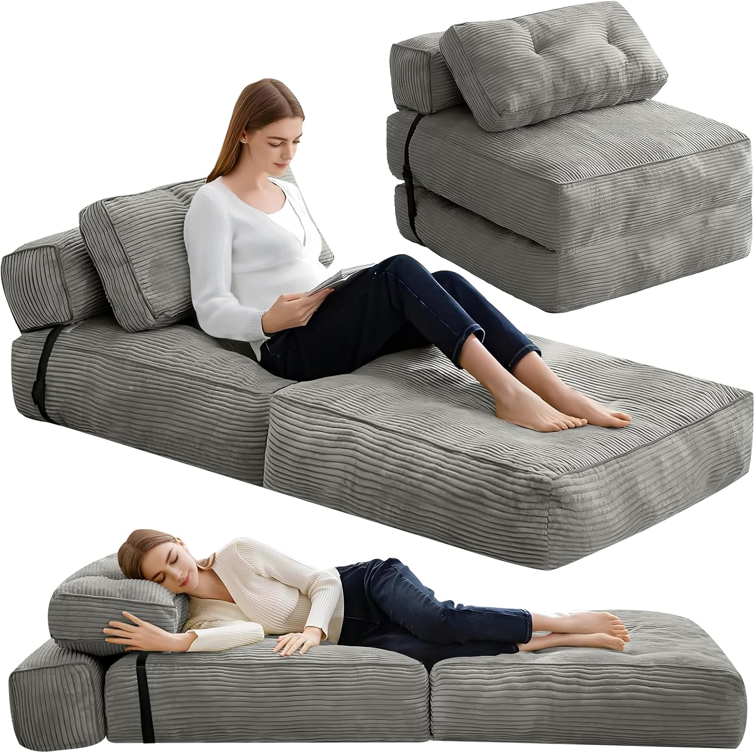 MIERES Foldable Sofa Bed, Foldable Couch Futon Mattress with Ergonomic Support, Floor Sofa Lounge with Pillow and Back Support, Convertible Sleeper Couch for Small Space, Living Room (Light Gray) MIERES Foldable Sofa Bed, Foldable Couch Futon Mattress with Ergonomic Support, Floor Sofa Lounge with Pillow and Back Support, Convertible Sleeper Couch for Small Space, Living Room (Light Gray)