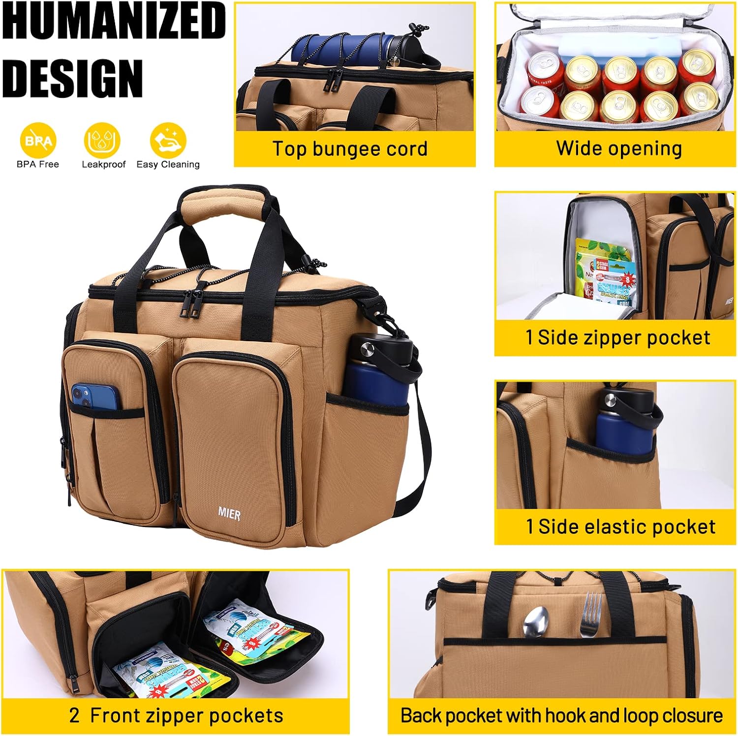 MIER Lunch Box for Men Heavy Duty 20 Cans Large Insulated Lunch Bag Leakproof Soft Cooler Bags with Multiple Pockets for Adult Women Work (Brown, Large)