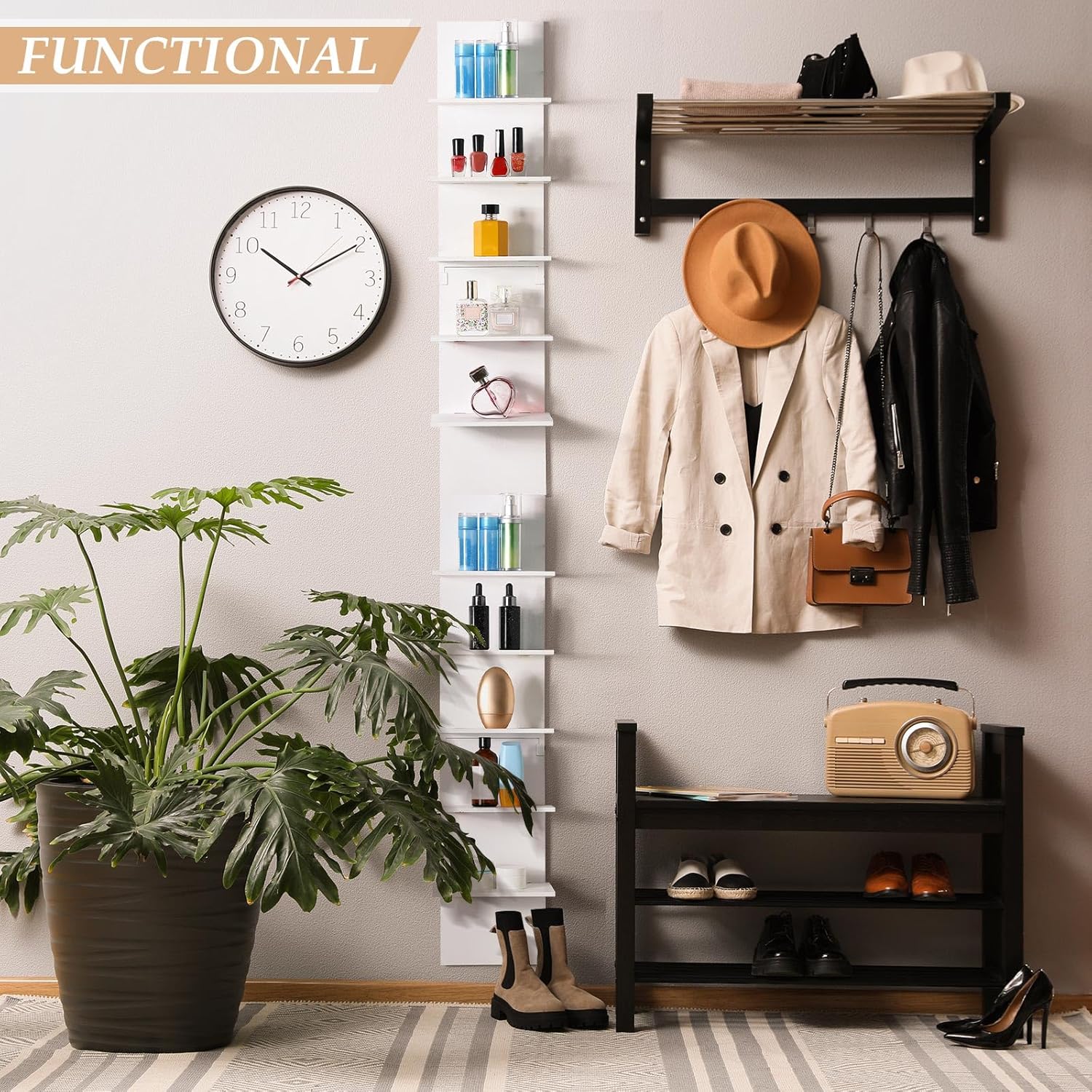 2 Pieces 5 Tier Wall Shelves for Bedroom 31.4 Inches Split Assembly Type Mount Vertical Wall Shelf Column Lack Hanging Floating Shelf for Storage Organizer Design Home Living Room(White)