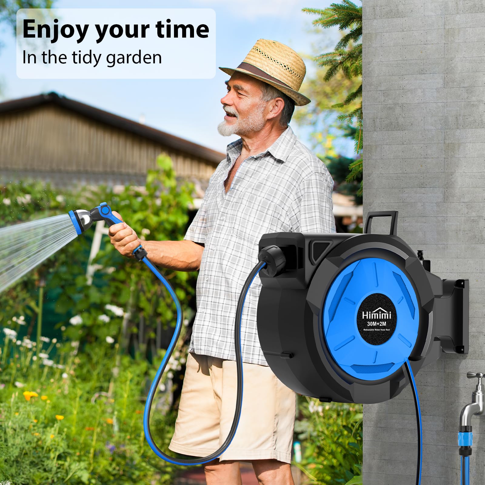 Avvolgitubo retrattile da giardino, 30 m + 2 m, avvolgitubo da parete, riavvolgimento automatico lento con blocco a qualsiasi lunghezza, girevole a 180°, resistente, a 3 strati, resistente alle