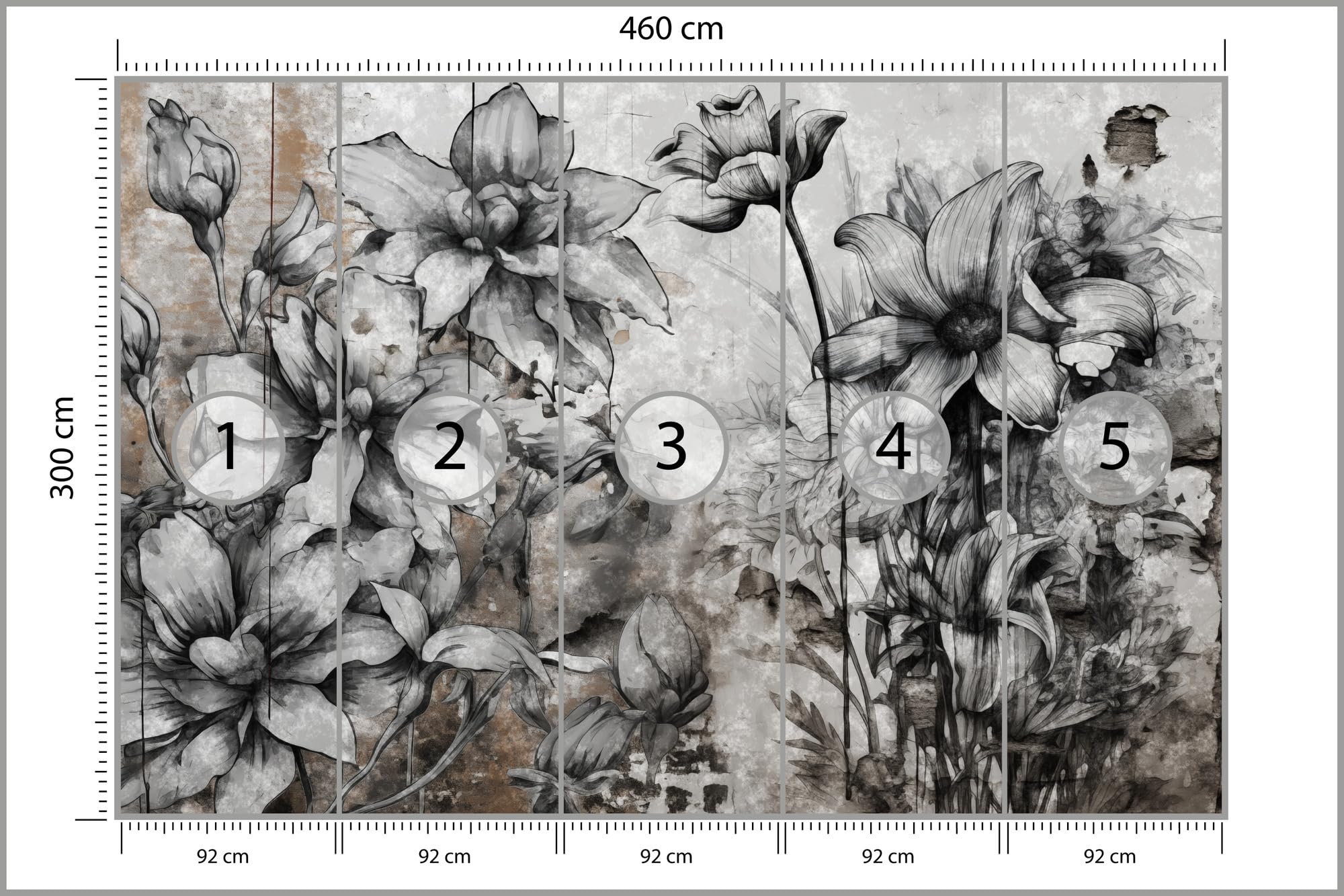 Muralo - Tapeta 3D na flizelinie - fototapeta z efektem 3D - tapeta do salonu, sypialni, tapeta ścienna - fototapeta - szare kwiaty o wyglądzie betonu - szer. 460 cm x wys. 300 cm