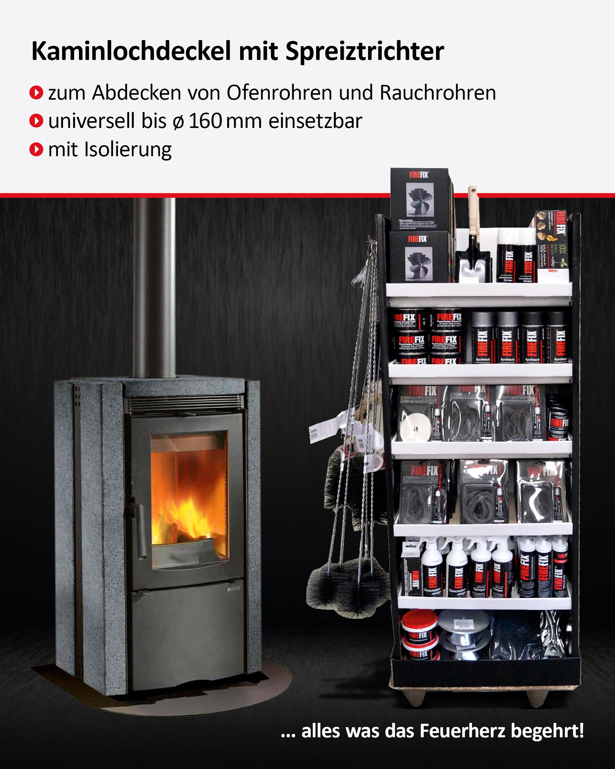 FIREFIX 2097/1 - Coperchio per foro del camino con imbuto con isolamento, regolabile fino a Ø 160 mm