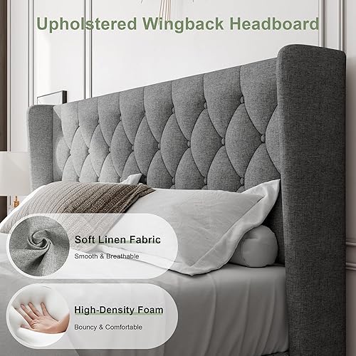 Miniatura 65 de Feonase Base de cama de tamaño matrimonial con cabecera tapizada con respaldo de ala, plataforma y soporte de listones de madera resistente, fácil