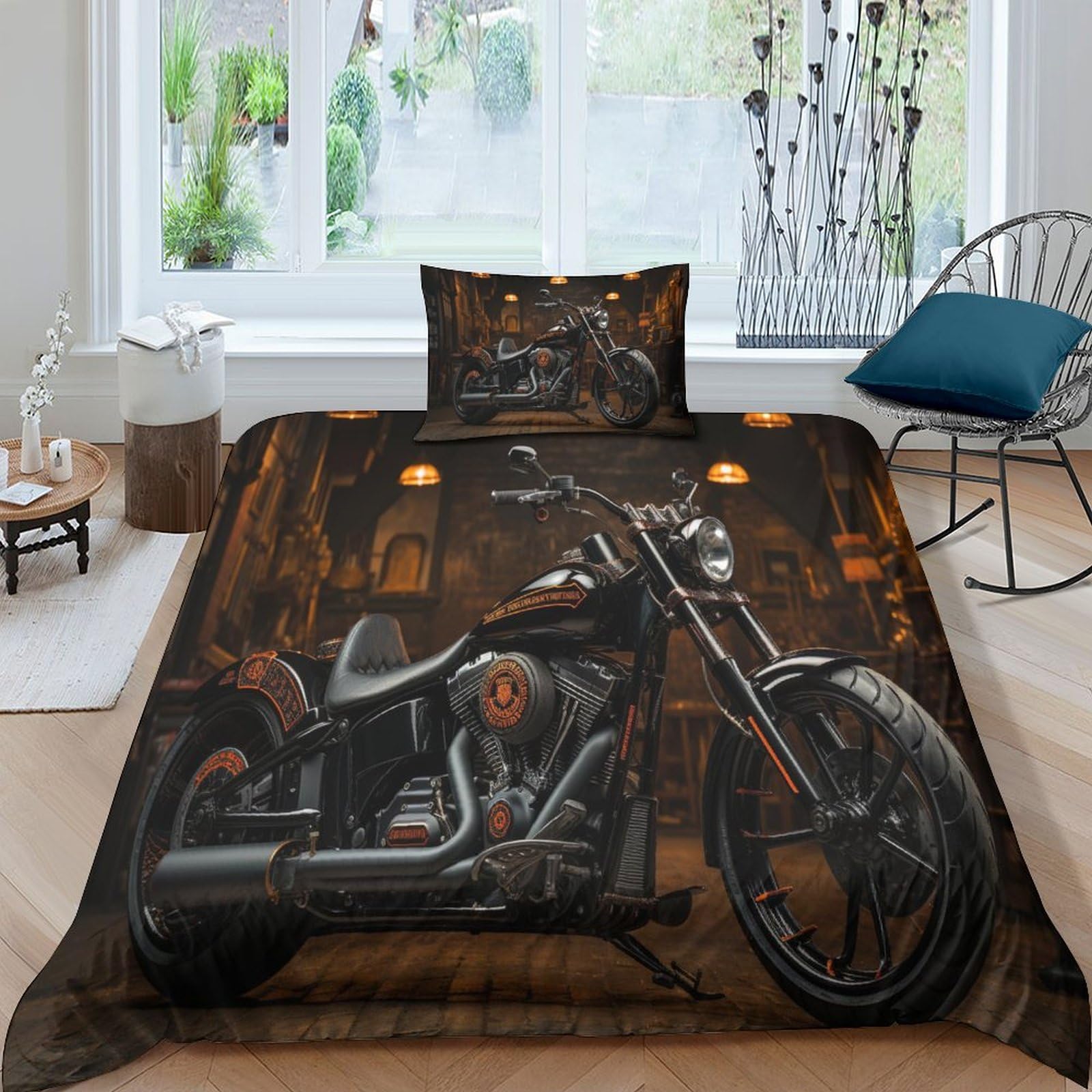 Essahi Boys Style-17 Harley Rider 3D Print Duvet Cover Bedding Sets With Pillowcases Hidden Zipper,Soft Comforter Cover Microfiber Vintage Motorbikes Quilt Cover 3Pcs For Girls Single（135X200cm）