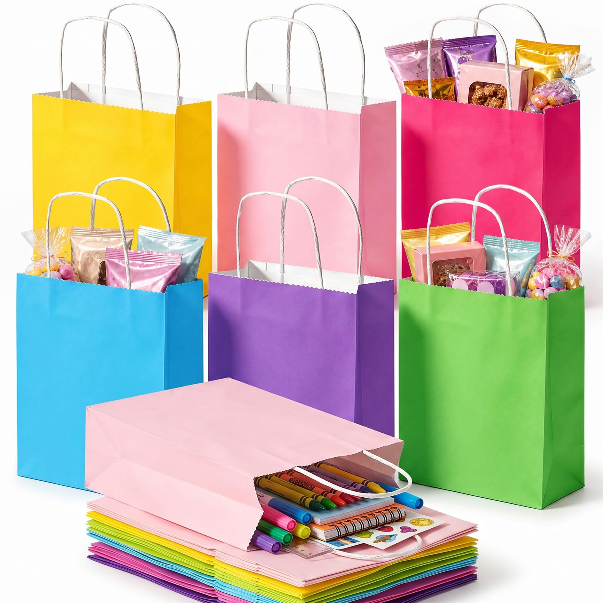 LovesTown Colorful Gift Bags, 18 PCS Colored Paper Bags Rainbow Party Favor Bags Kraft Candy Bags with Handle for Birthday Wedding and Party Celebrations