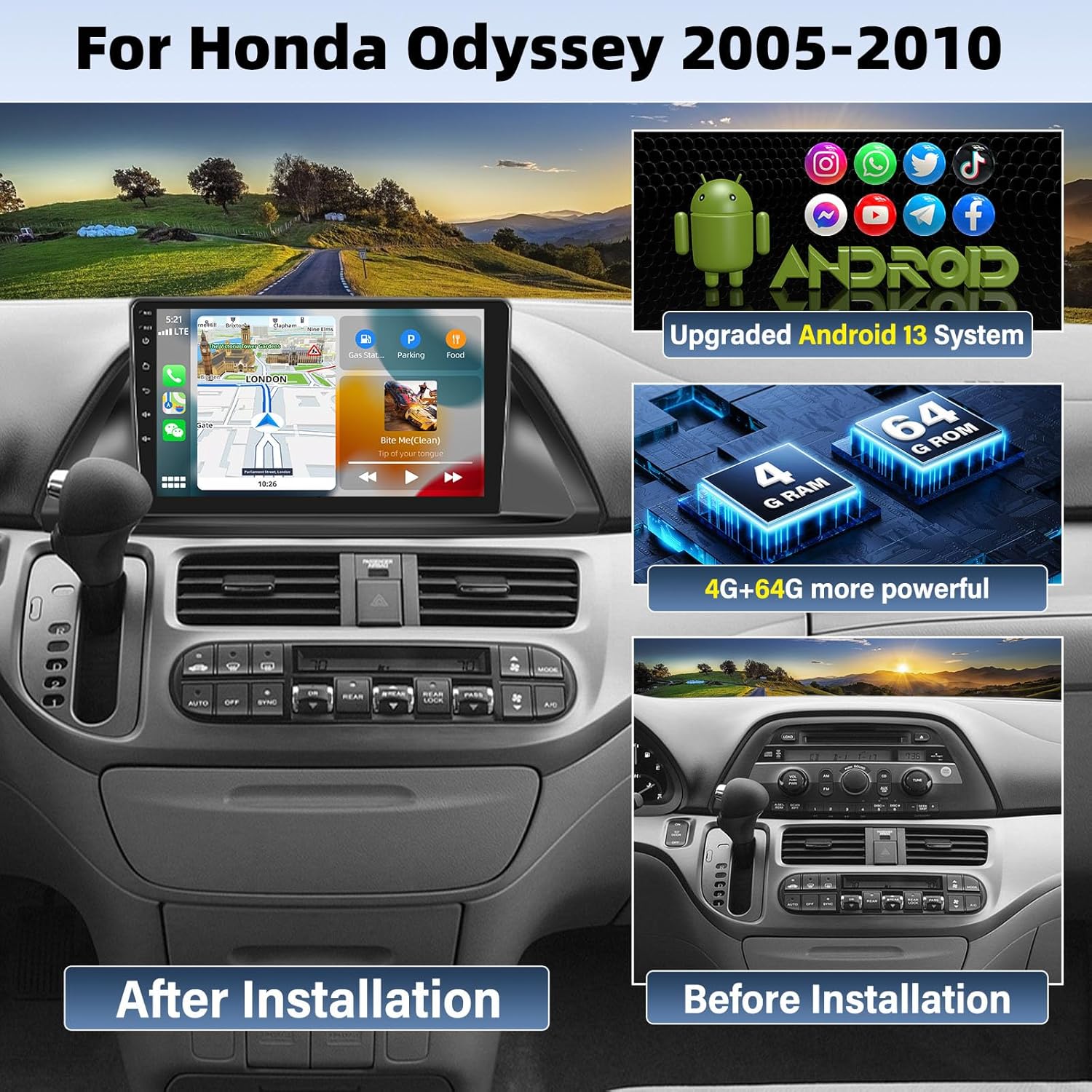 UNITOPSCI 4G+64G Android Car Radio for Honda Odyssey 2005-2010 CarPlay Android Auto GPS Navigation 10.1" HD 1280 * 720 Touchscreen DSP 32EQ BT 5.0 FM/RDS Mirror Link WiFi Backup Camera Mic