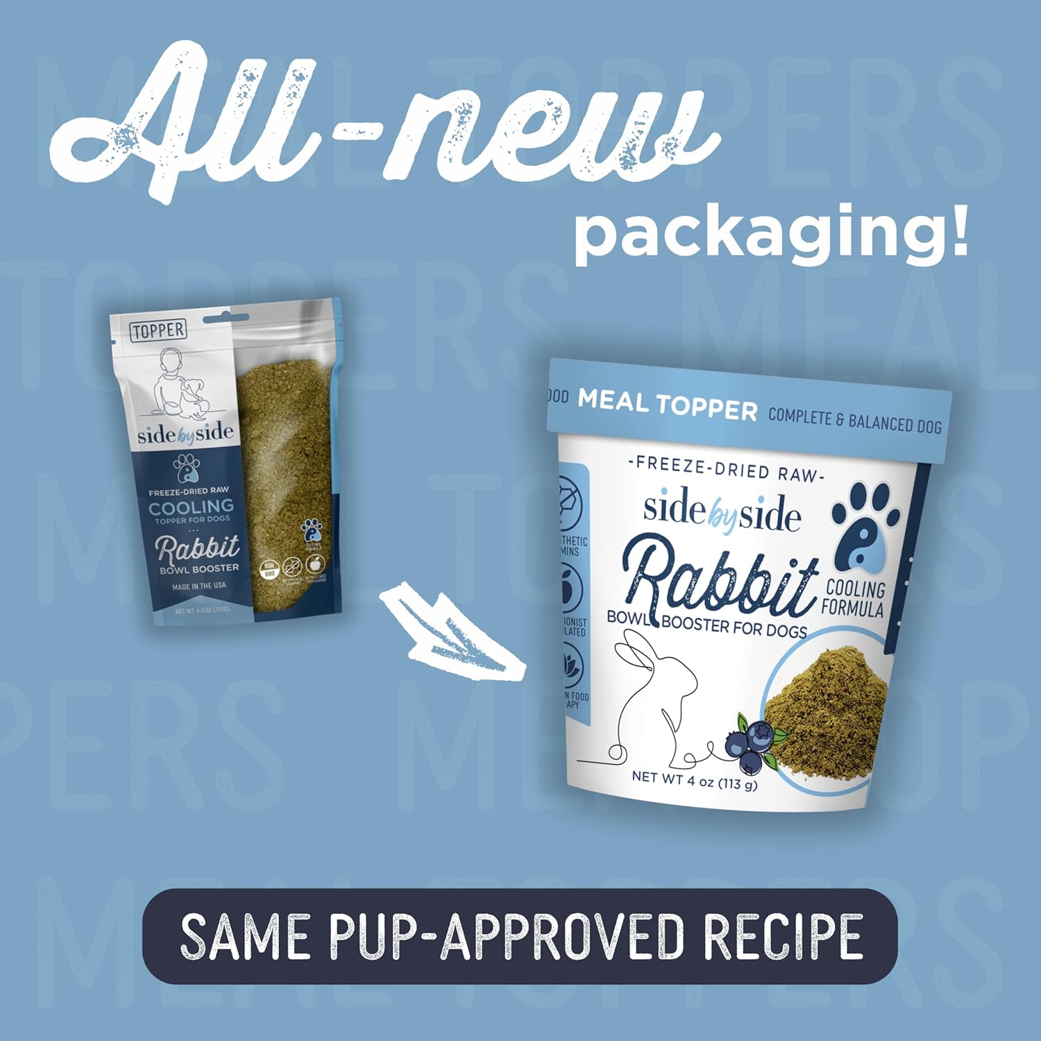Side by Side Rabbit Bowl Booster - Cooling Freeze-Dried Dog Food Topper for All Breeds - Made with Nutrients & Whole Raw Foods Toppers for Dogs - No Artificial Additives or Fillers (4 oz, 2-Pack)