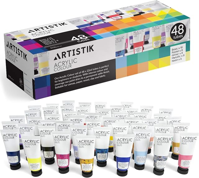Acrylic Paint Set - 48 Piece Set (48 x 22ml) Tubes in Rich Vibrant Colours - High-Pigment, Satin-Finish Basic, Neon, Pastel, Metallic & Glitter Colours for Painting Canvas, Paper, Wood, Clay, Fabric