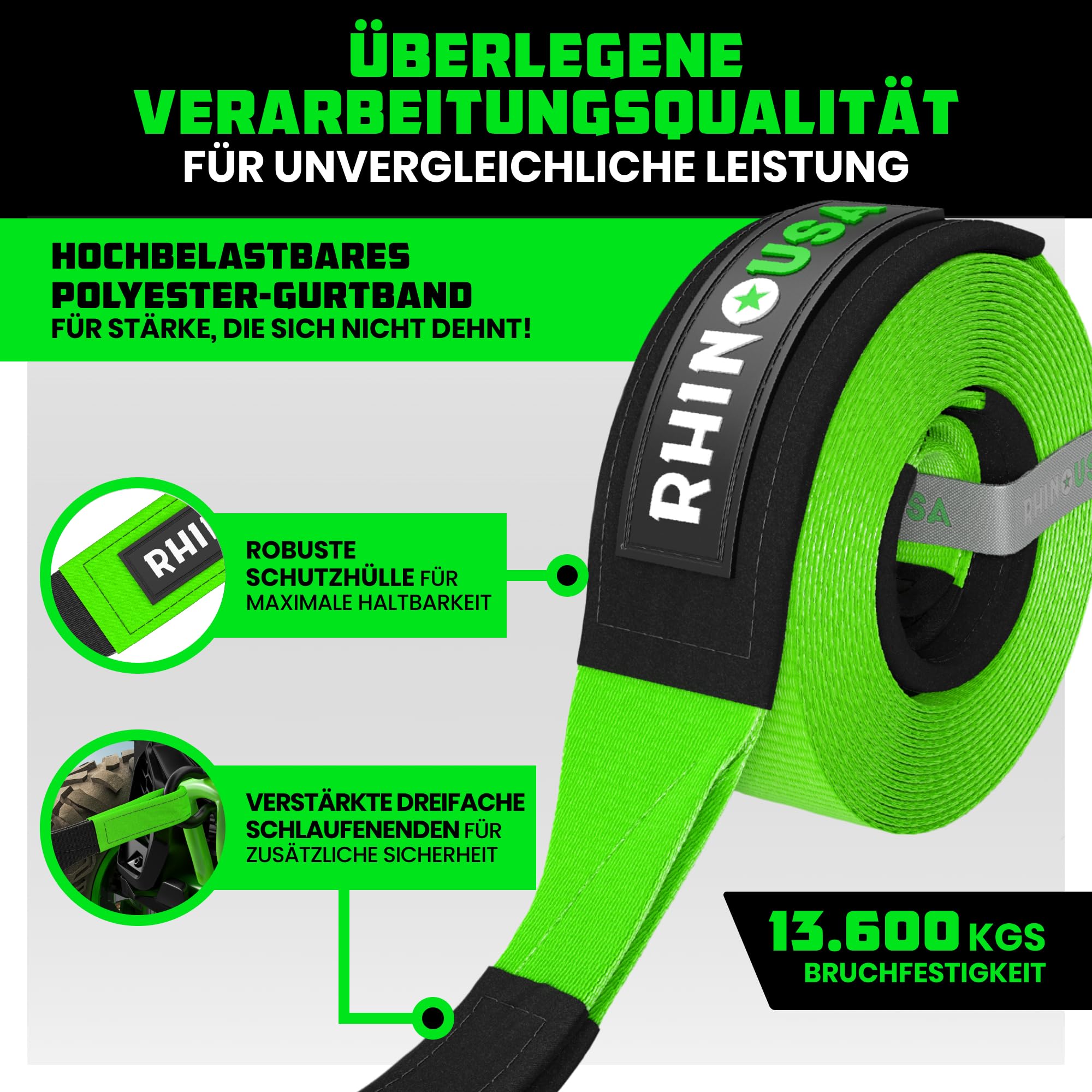 Rhino USA Abschleppgurt (7,6 cm x 9,1 m) - 13.600 kg Bruchfestigkeit - Notfall-Wiederherstellungsstrap für Truck, UTV, ATV - Abschleppseil - Schwerlast-Abschleppgurt für Offroad 4X4 Nutzung - Grün