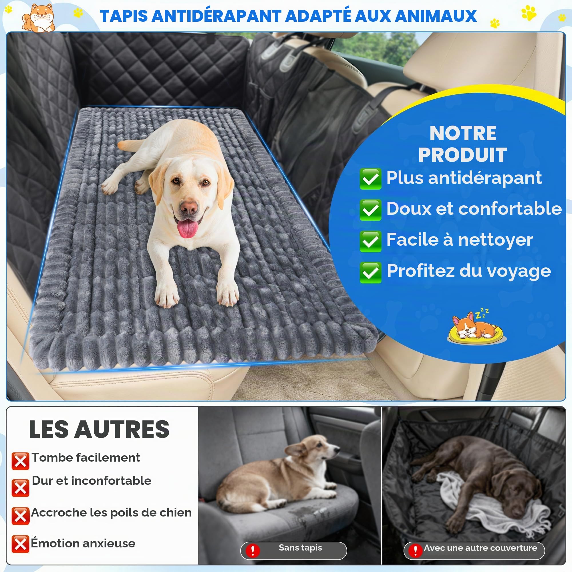 Loiion Tapis Auto Chien Anti-Dérapant Flanelle 127x62x3cm Gris