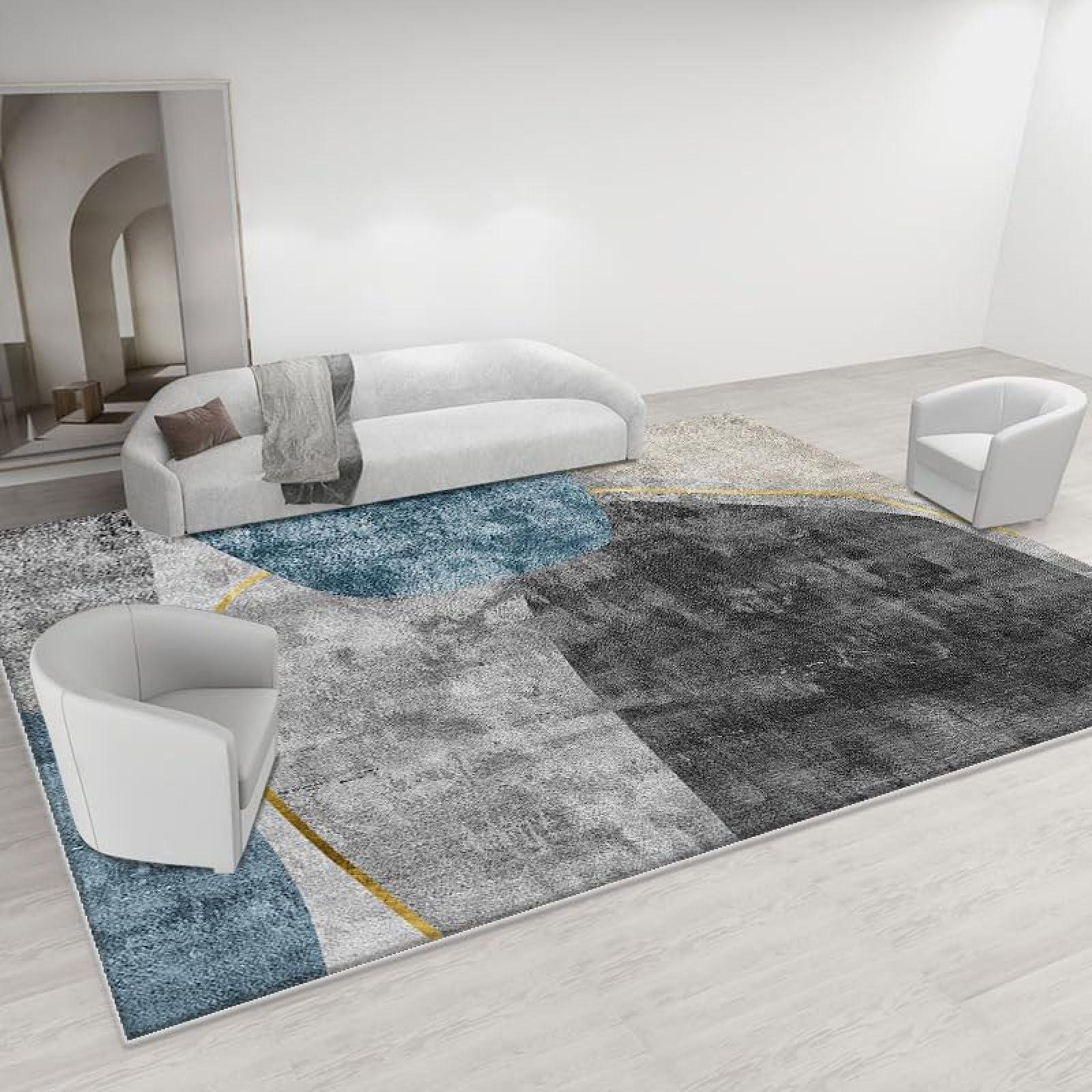 Tapis grand 180 x 270 cm lavable et doux pour salon géométrique moderne gris