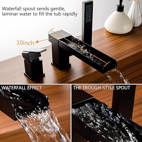 Miniatura 3 de Grifo de bañera romano negro con ducha de mano, grifo de bañera de montaje en cubierta con rociador, juego de grifo de bañera en cascada