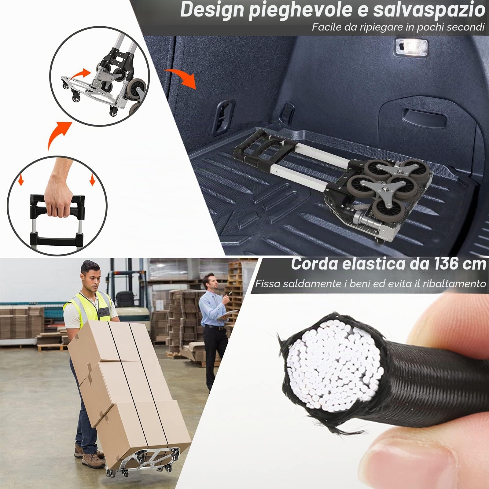 Todeco Carrello Trasporto Alluminio 80kg 10 Ruote Pieghevole | Corde espansione altezza regolabile, 4 ruote universali 360°, trasporto carico logistica giardino, leggero resistente