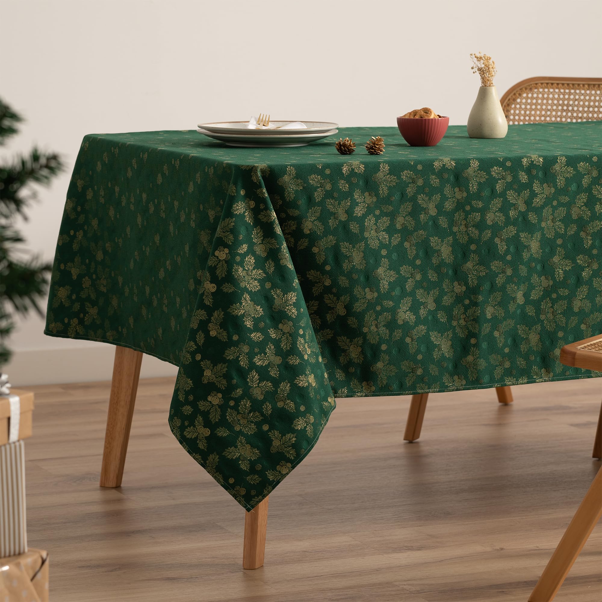GAMUSI Mantel Navidad Jacquard Hilo Dorado Mesa Comedor Rectangular Decoración Navideña 140x100 cm Color Verde