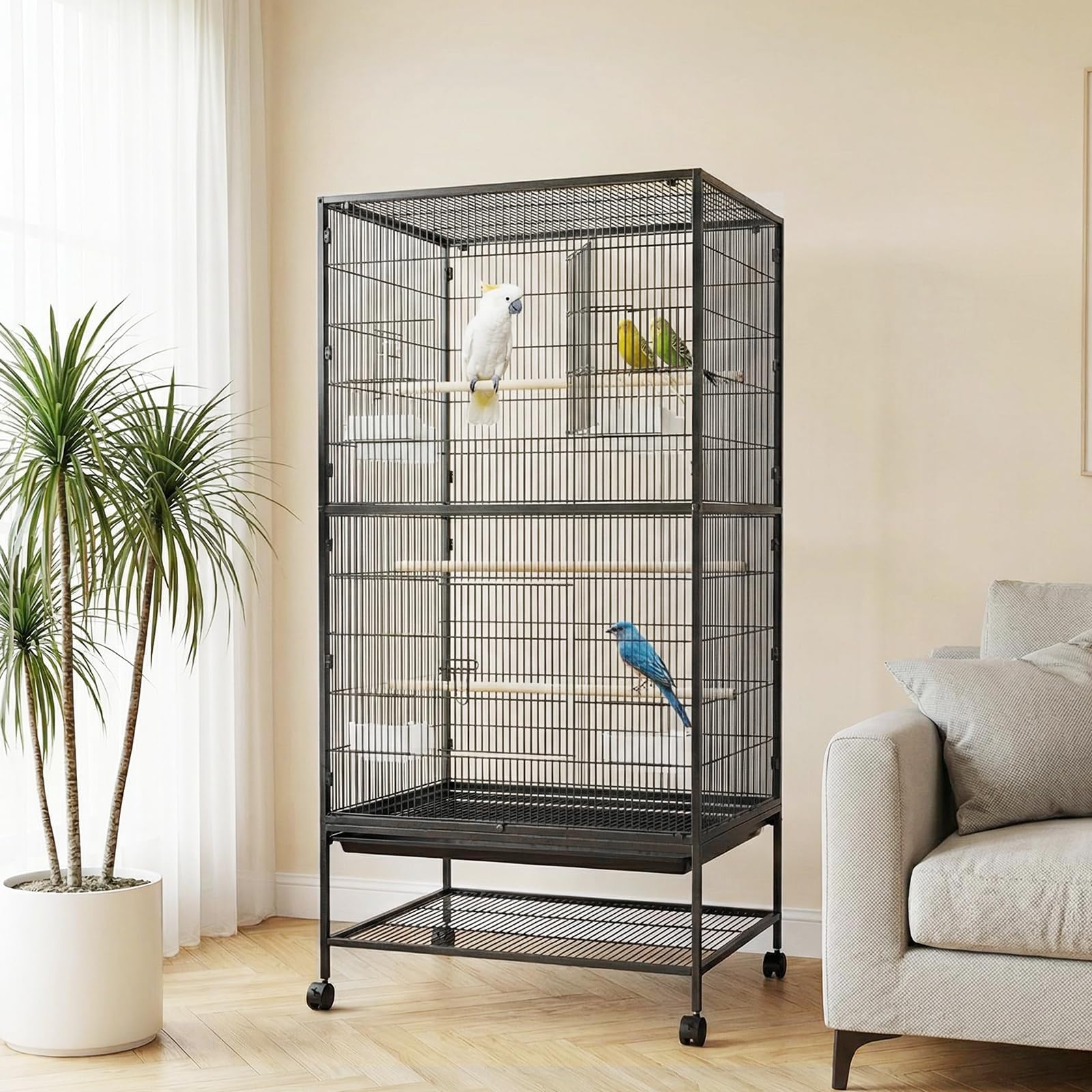 Garvee - Jaula grande para pájaros (155 cm, con soportes de almacenamiento, comederos incluidos, doble piso, ideal para periquitos