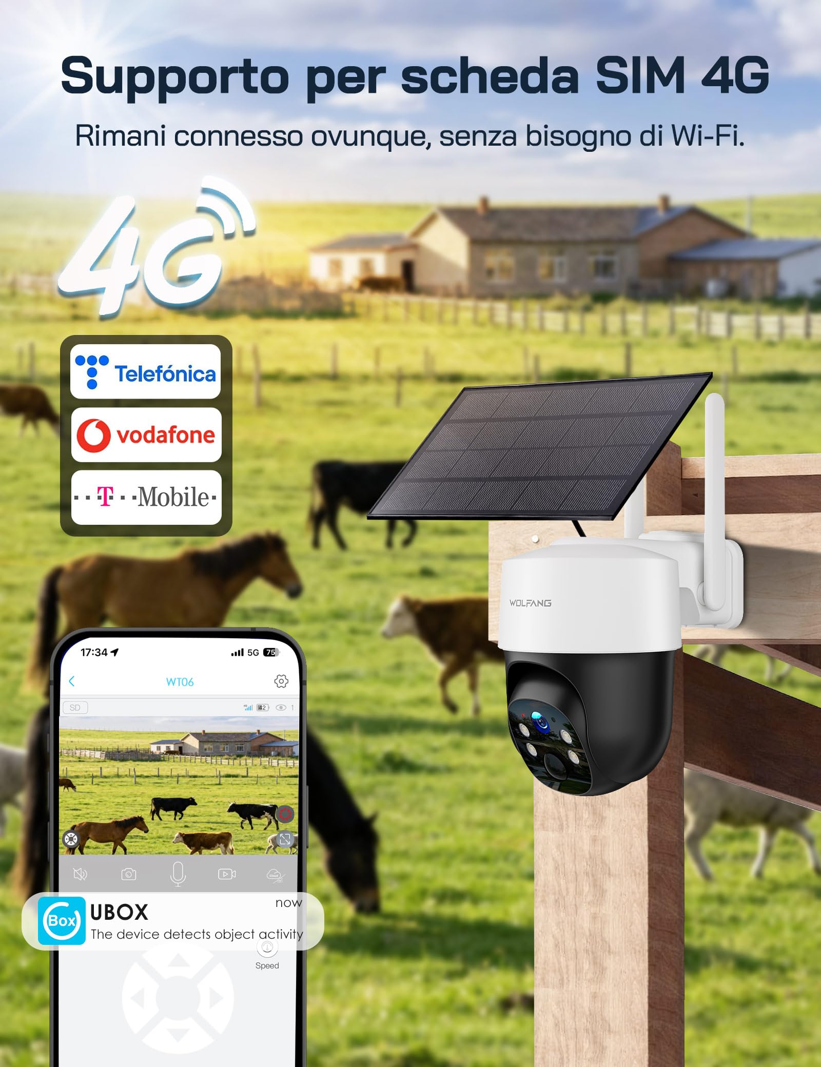 WOLFANG Telecamera Esterno 4G con SIM, Telecamera Senza WiFi, Pannello Solare, 2.5K HD, Visione Notturna con Faro, Audio Bidirezionale, PIR, Registrazione Locale, Scheda microSD 32 GB