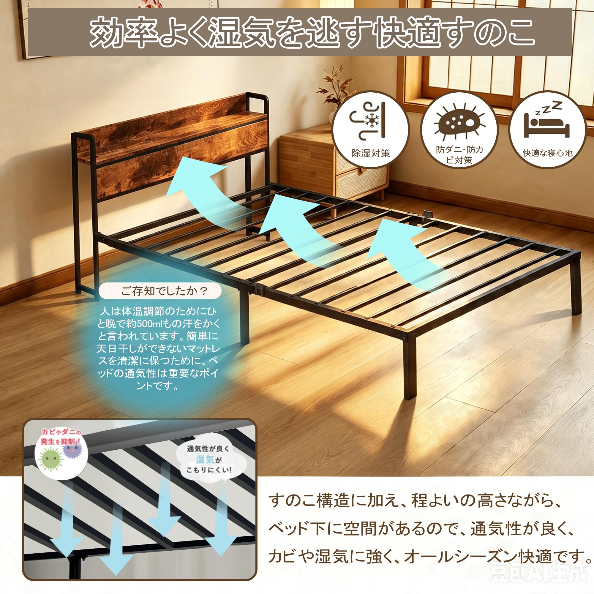 Amazon｜ベッド ゼミダブル ベッドフレーム 宮棚 すのこベッド 単品