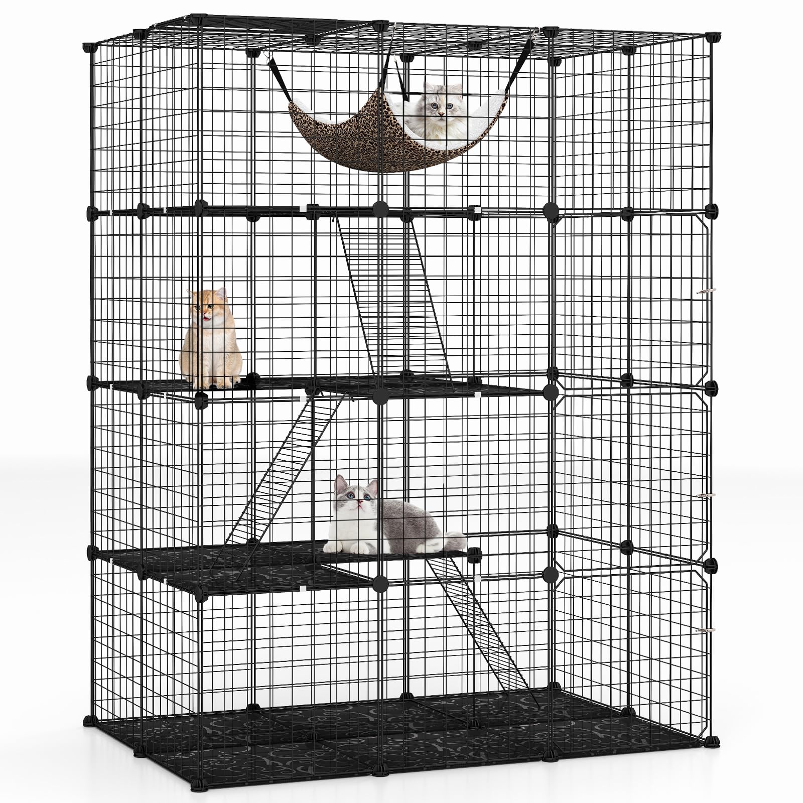GYMAX Casa Gabbia per Gatti a più Livelli, in Metallo, Recinto per Gatti con Amaca Rimovibile, Porta, Scale, Parco in Metallo per Animali Domestici per Conigli e Cuccioli (109,5 x 74 x 142 cm)