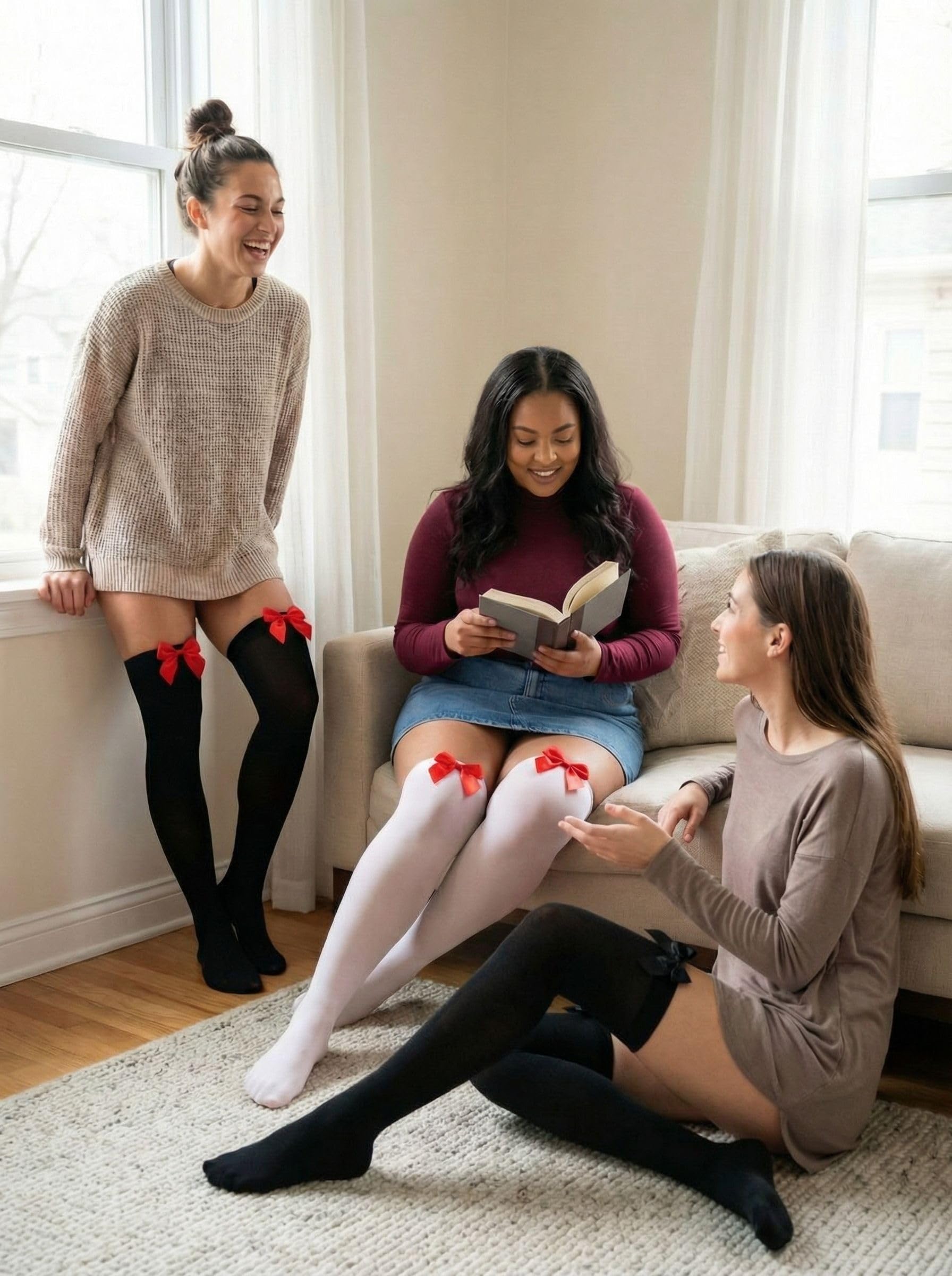 Boao 3 Pairs Thigh High Stockings Thigh High Socks with Bow for Women over Knee Lingerie Stockings for Cosplay Daily Wear: Medium Black, White With Red Bow