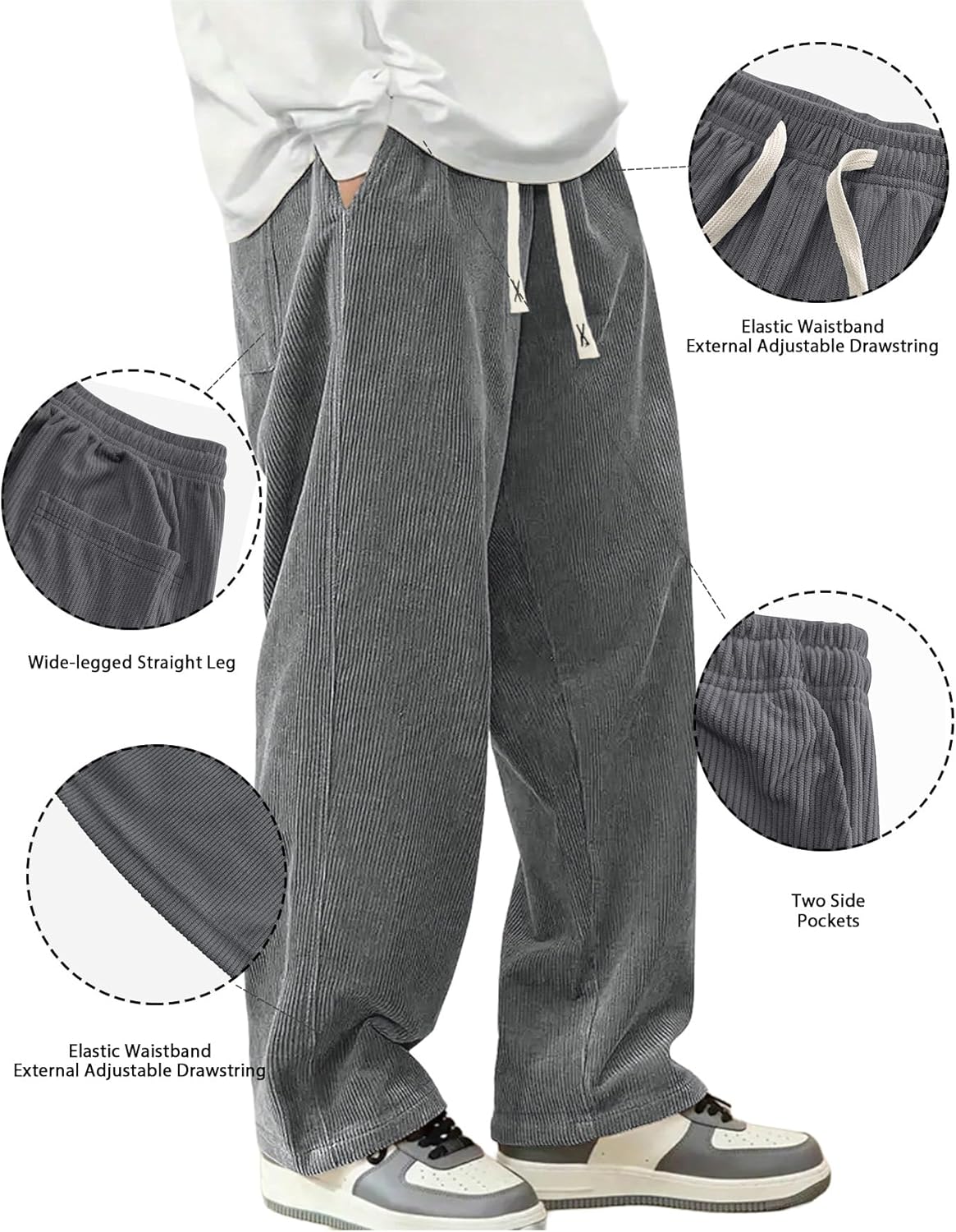 Mens Corduroy Casual Pants Fashion Loose Fit Wide Leg Pants Straight Sweatpants Elastic Waist Drawstring - Image 4