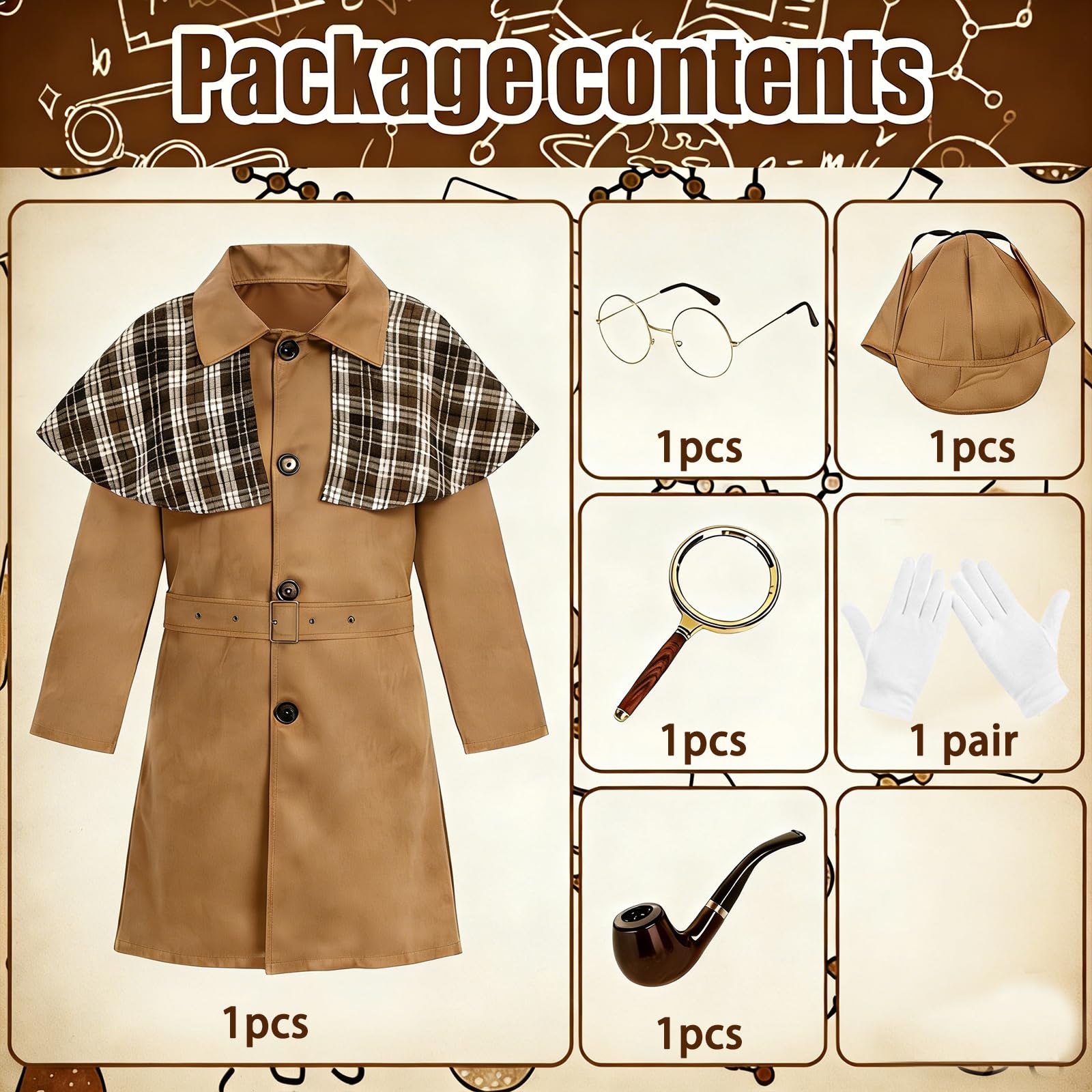 Meriviva Detective Costume Kids, Victorian Detective Costume Boys with Coat Hat Glasses Magnifying Glass Gloves - Image 2