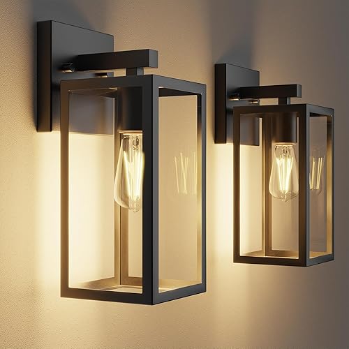 Kalium Porch Lights Outdoor Wall Light Fixture 2pcs, Matte Black, Wall Sconce 12.4 in, Toughened Frame, Clear Glass Shade, Waterproof Lanterns, Suitable for Patio, Exterior, Front, Door, Entryway