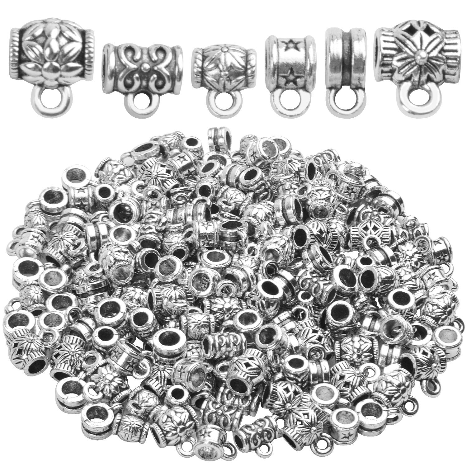 BronaGrand 100g (120-220pcs) Tibetan Silver Bail Beads Jewelry Connector Bails Beads for Necklace Bracelet Jewelry Making,6 Styles