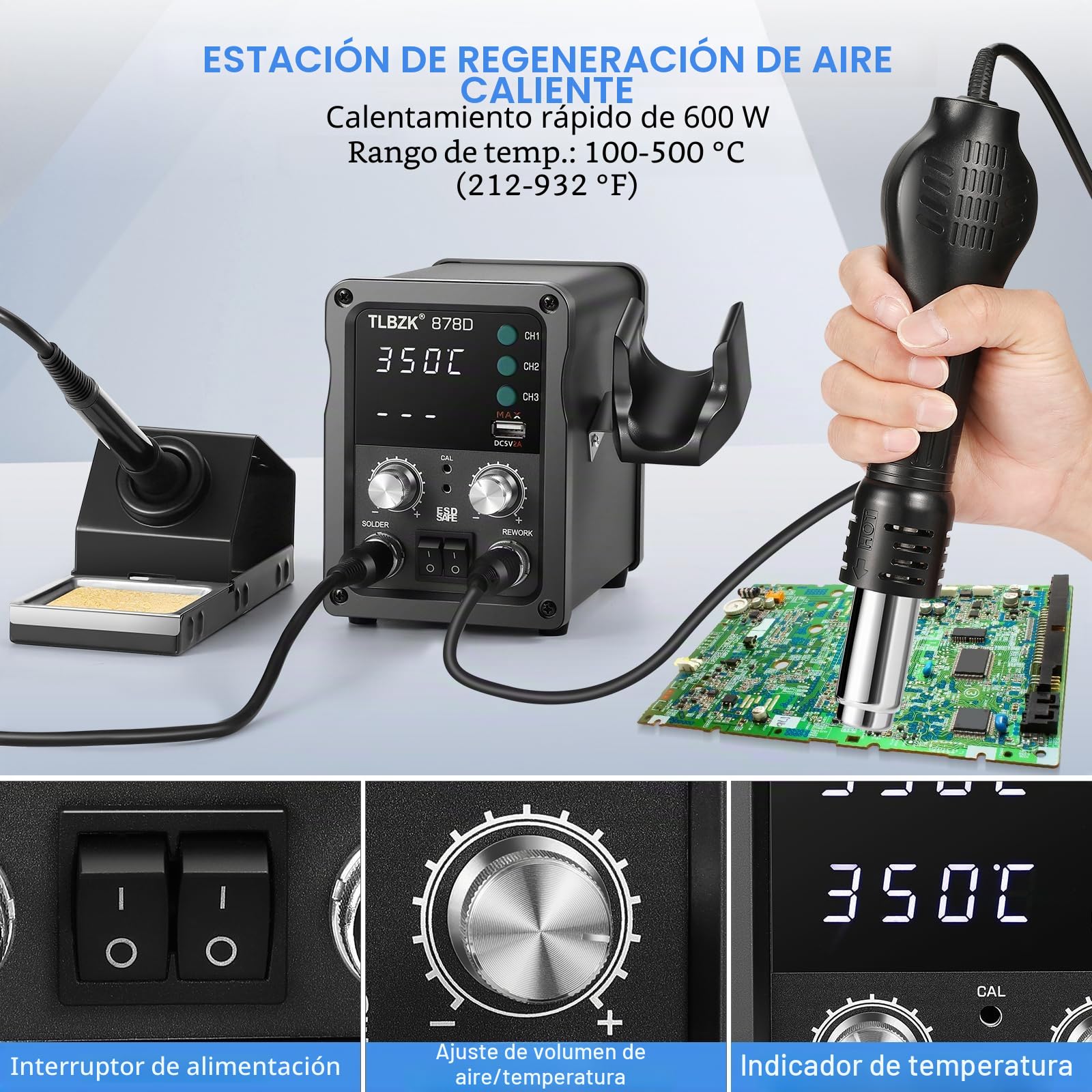 878D Kit 2 en 1 de estación de soldadura de aire caliente para retrabajo, bomba desoldadora, 5 puntas de soldadura, 3 boquillas de aire caliente, pinzas, extractor de circuitos integrados