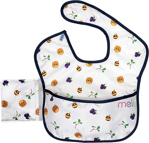 melii Babero plegable para bebés y niños pequeños con bolsa de viaje integrada y cuchara grande, paquete de 2, sin BPA (oso)