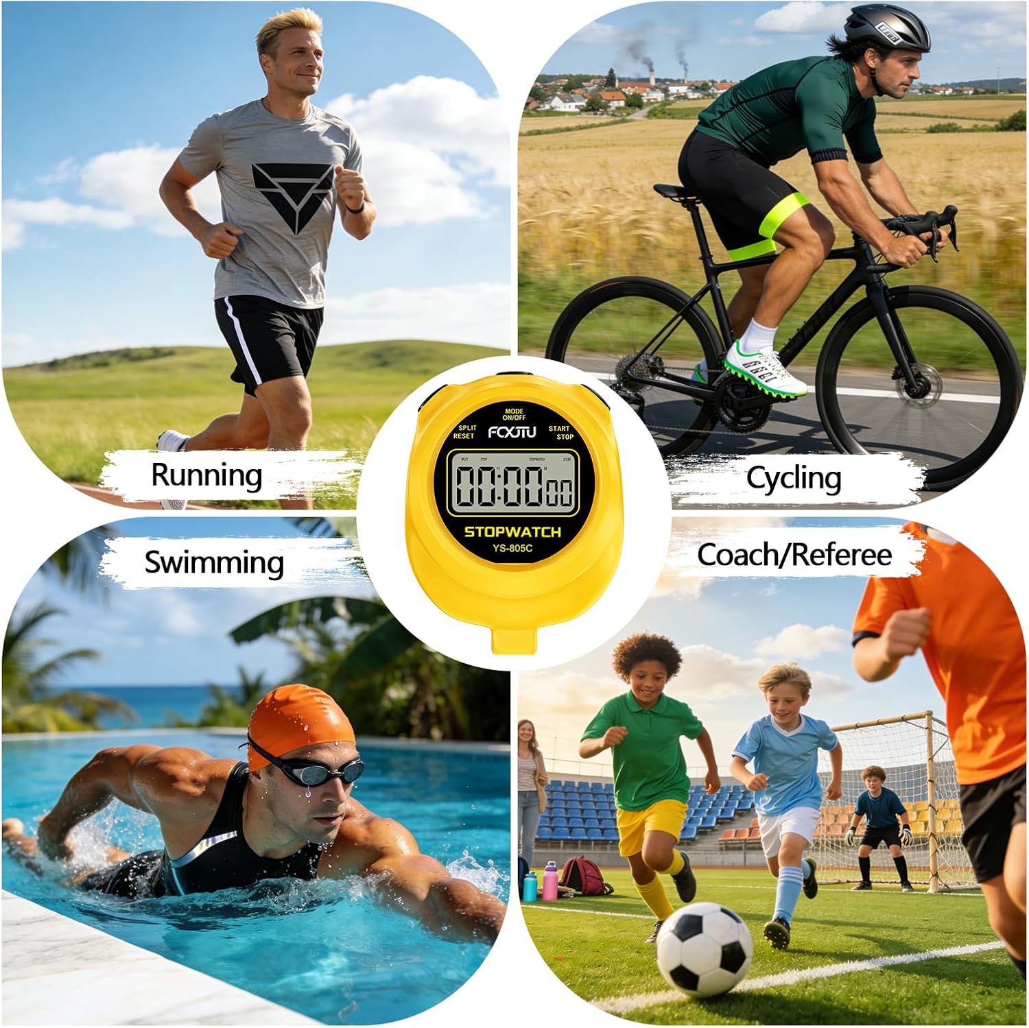 FCXJTU Simple Stopwatch Timer, Single Lap Stopwatch Countdown Timer, No Hourly Beep, On/Off, AAA Battery(Included), Large Display, Easy to Use, Ideal for Kids Coaches Yellow