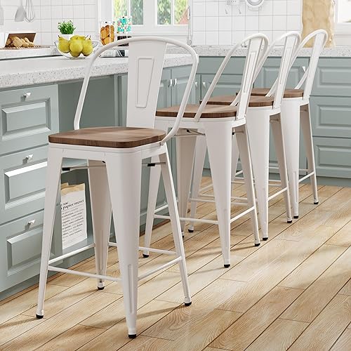 Miniatura 10 de Yongqiang Juego de 4 taburetes de bar de metal blanco de 26 pulgadas con respaldo alto, sillas de bar de cocina, taburetes de bar modernos con