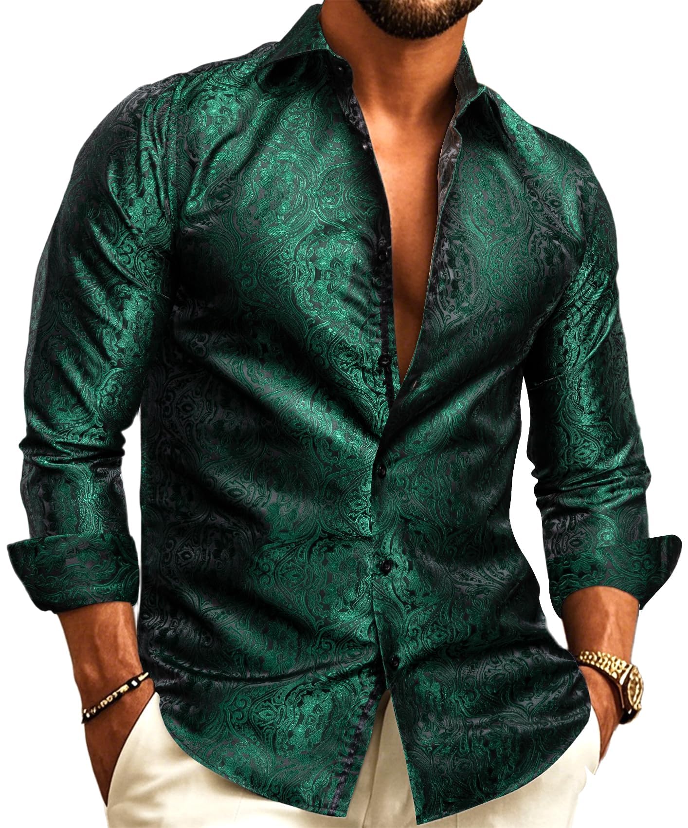 Barry.Wang Mens Dress Shirts Silk Paisley Long Sleeve Button Shirt Casual Floral Shirt Men Wedding Party Red Black S-3XL