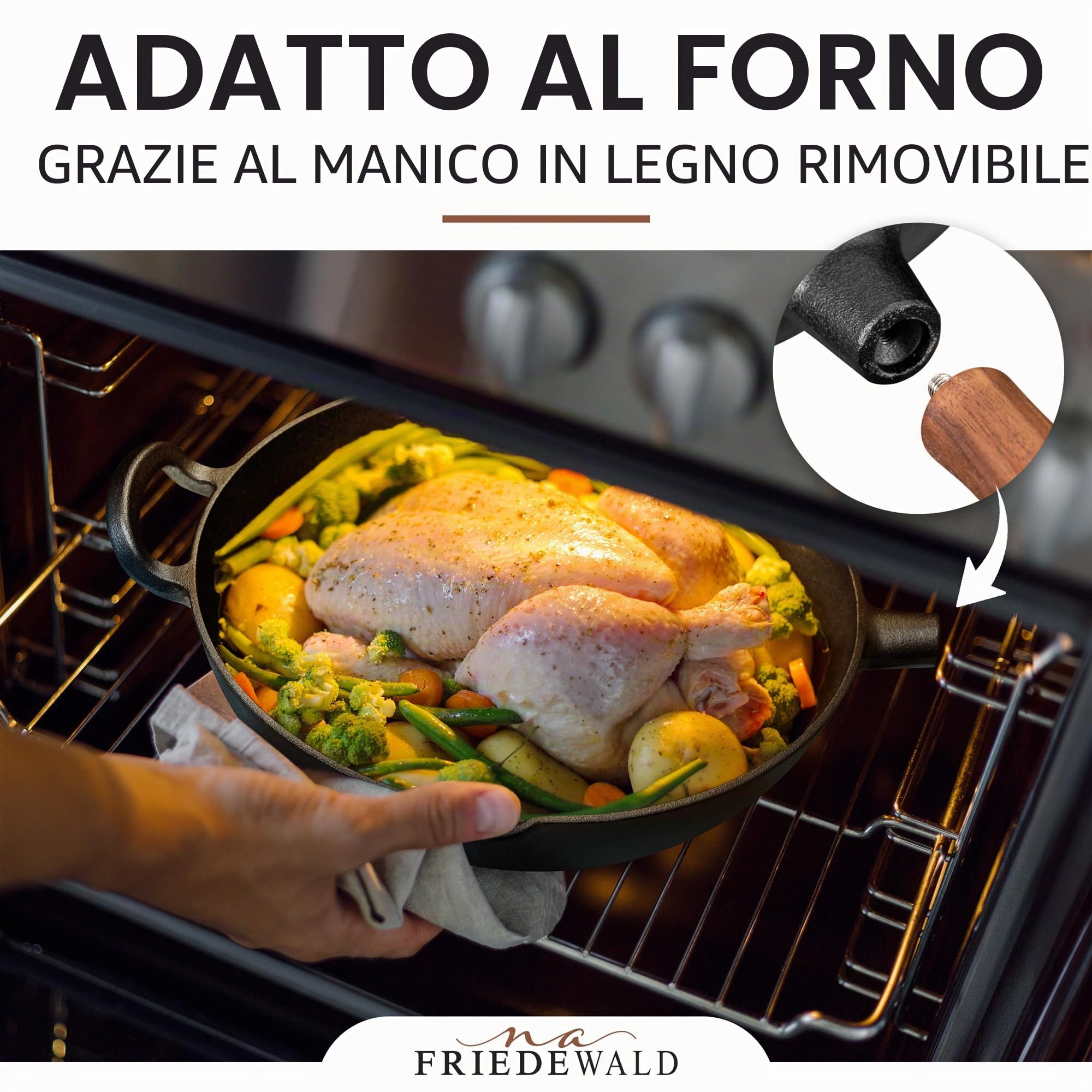 na Friedewald - Wok in ghisa con coperchio, adatto a piani cottura a induzione, 33 cm, 5 l, adatto a tutti i piani cottura, grande padella da griglia e cottura, rivestimento antiaderente