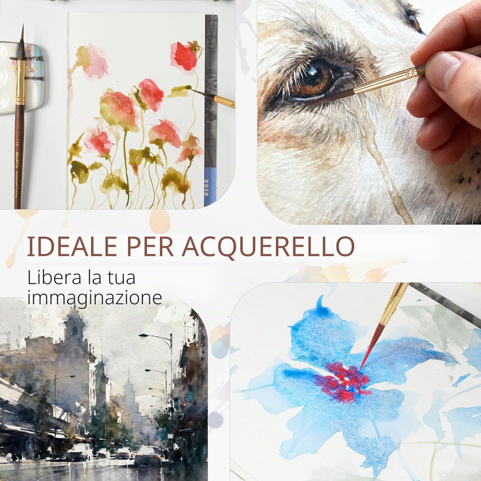 Nicpro 8 pennelli acquerello professionali, pennelli per dipingere, set pennelli pittura in martora con punta sintetica extra lunga per dettagli fini- Pittura con acquerello acrilico guazzo inchiostro